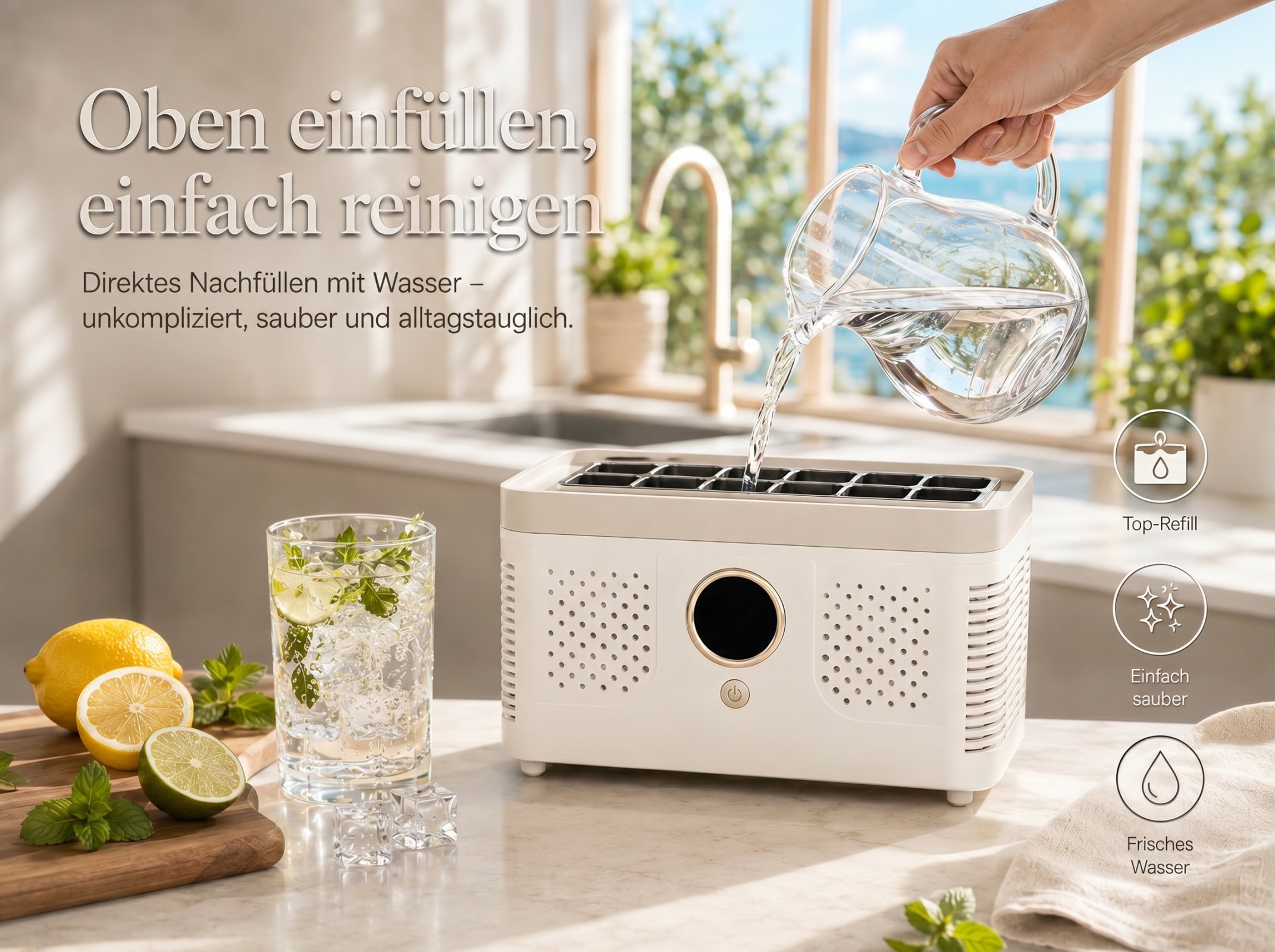 Ein Krug Wasser wird in ein Gerät gegossen. Daneben ein Glas mit Drink.