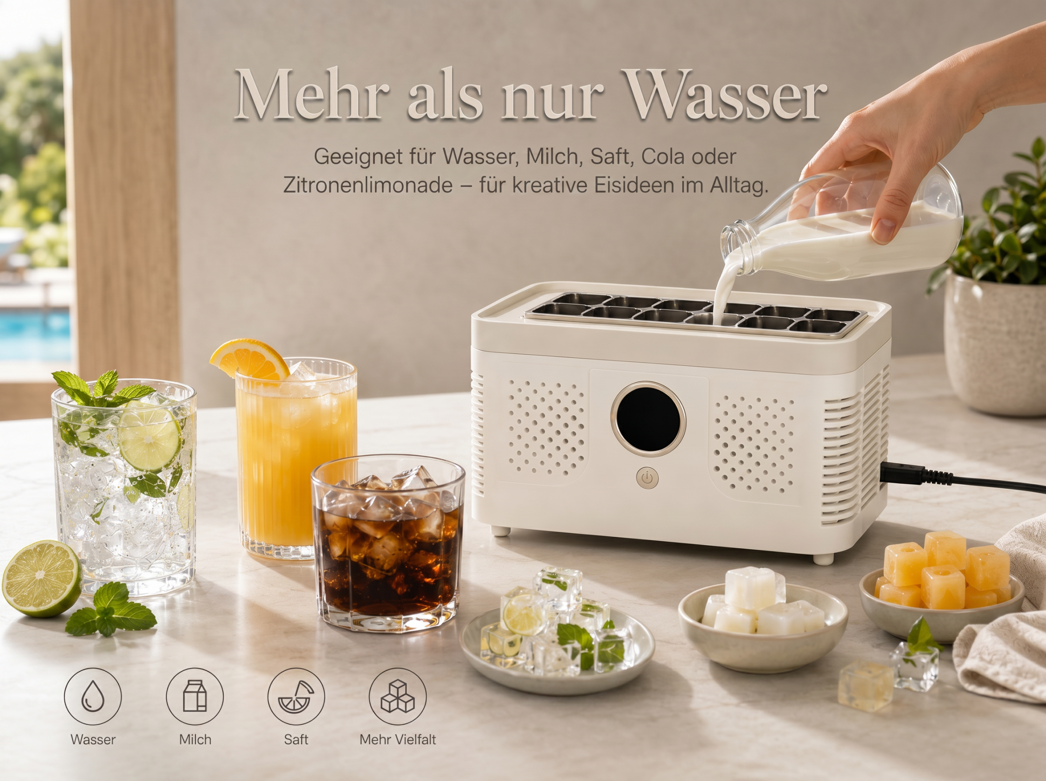 Ein Eiswürfelbereiter wird mit Milch befüllt. Daneben stehen Getränke und Eiswürfel.