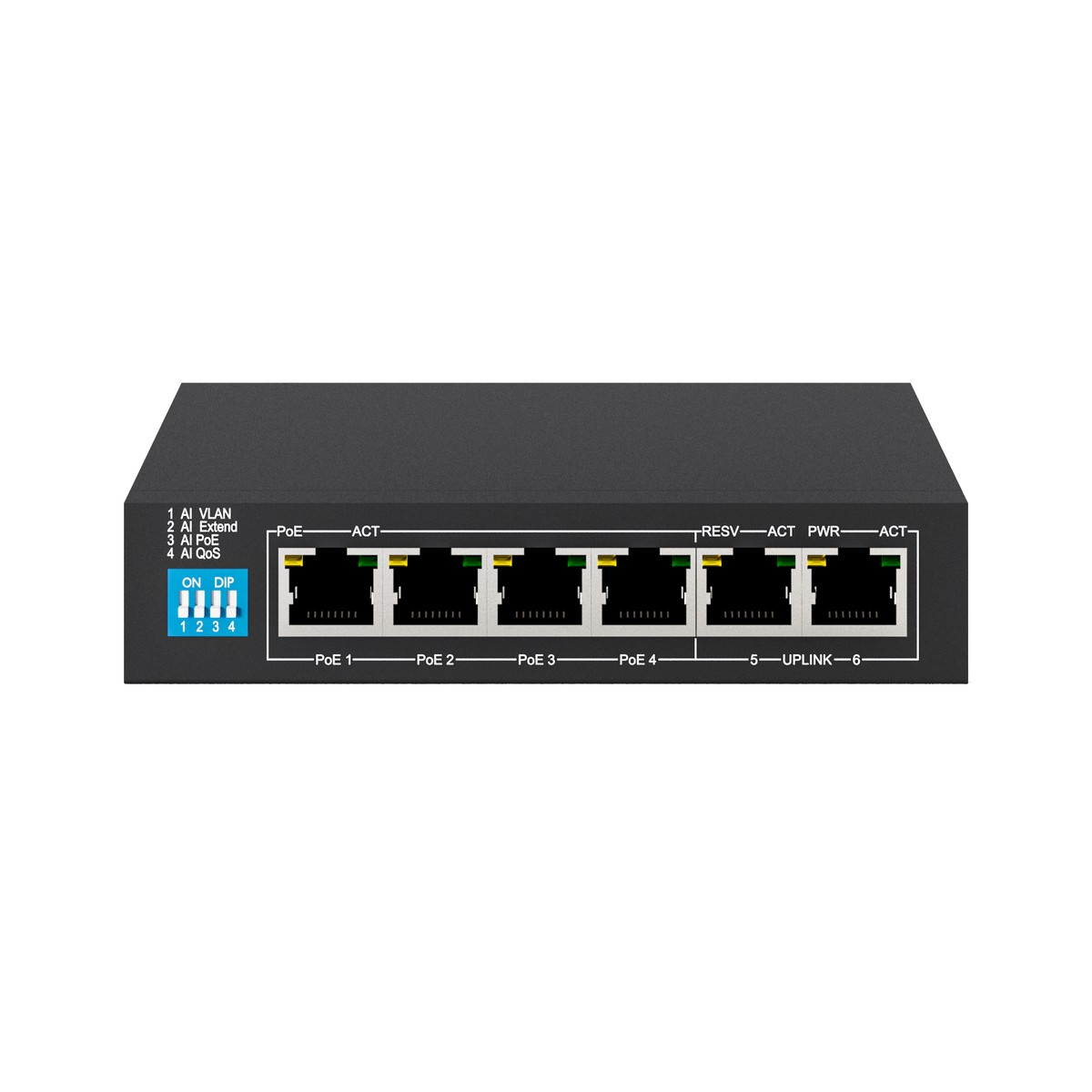 Uno switch Ethernet nero a 6 porte con interruttori DIP ed etichette.
