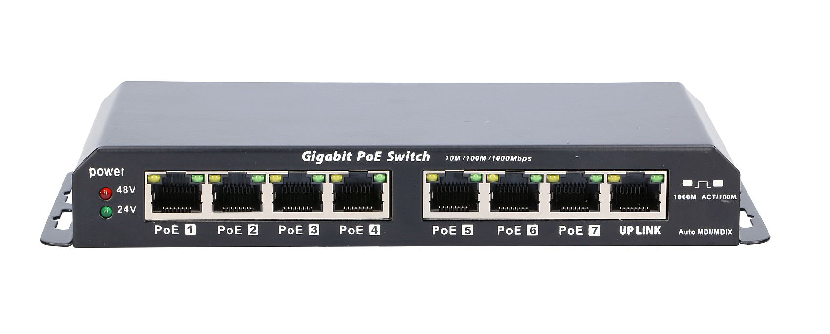 Een zwarte Gigabit PoE switch met 8 poorten en status-LEDs.