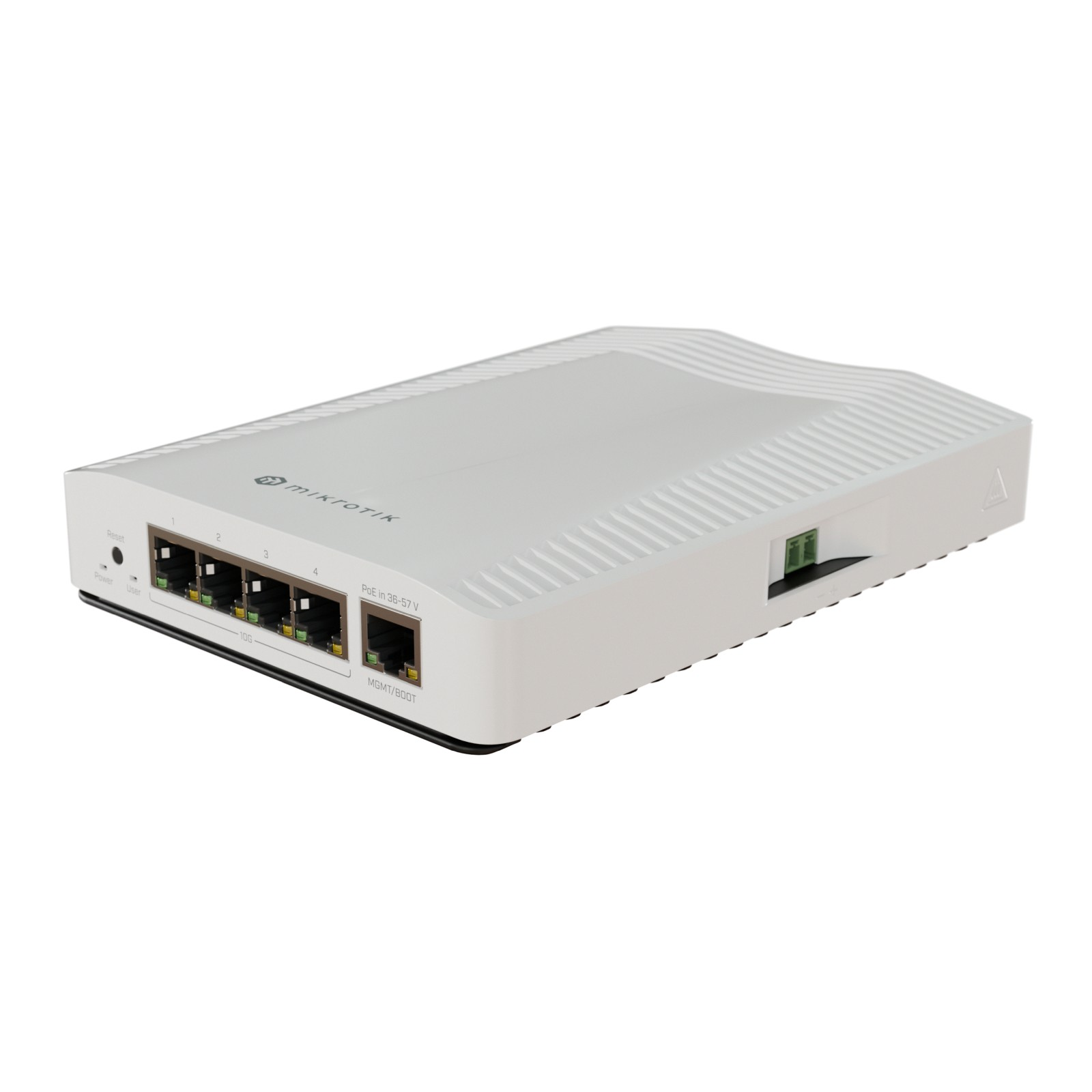 Ein weißer Mikrotik Router mit 4 Ethernet-Ports, Reset-, Power- und User-Knöpfen.