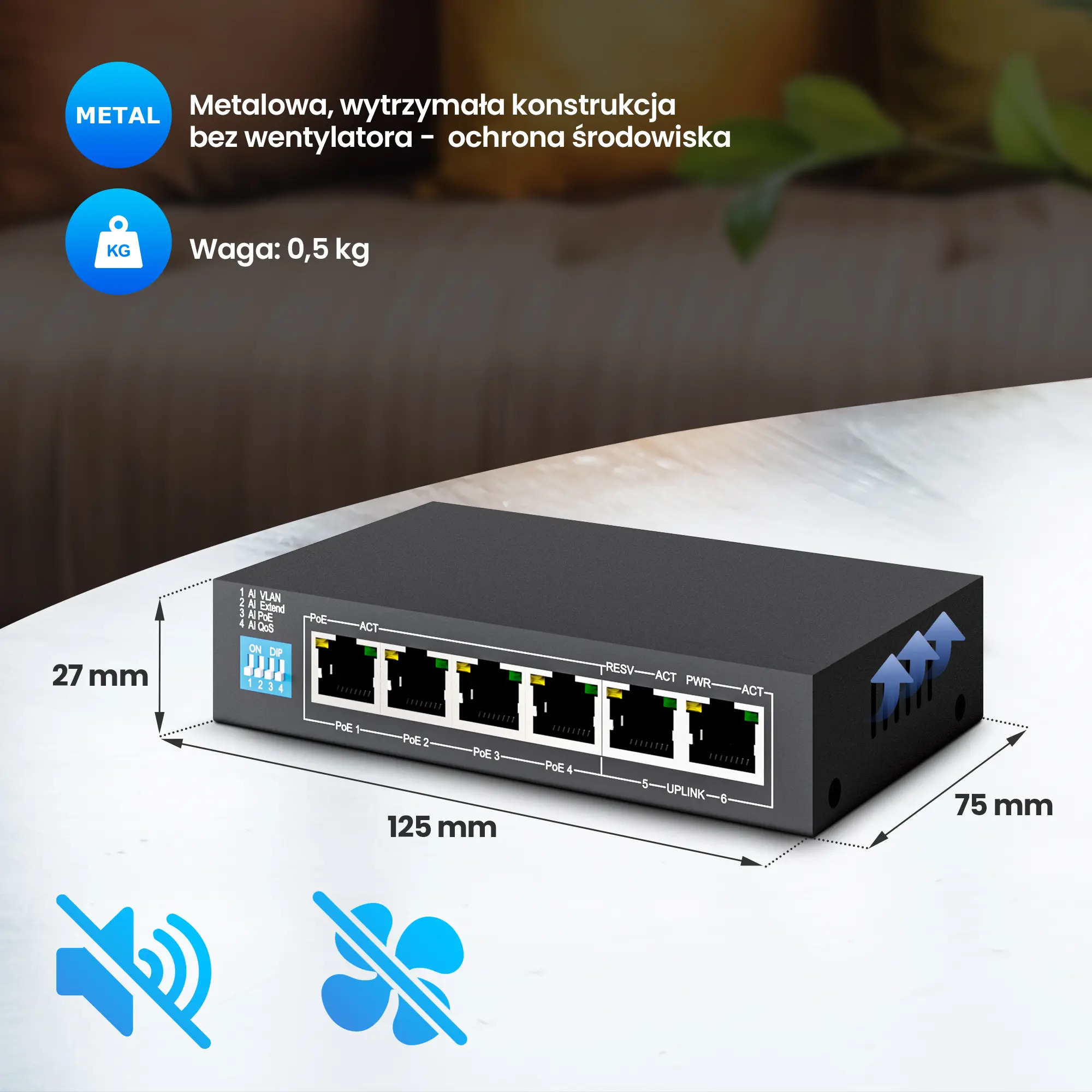 Uno switch di rete nero a 6 porte, 125x75x27mm, peso 0,5kg. Costruzione in metallo.