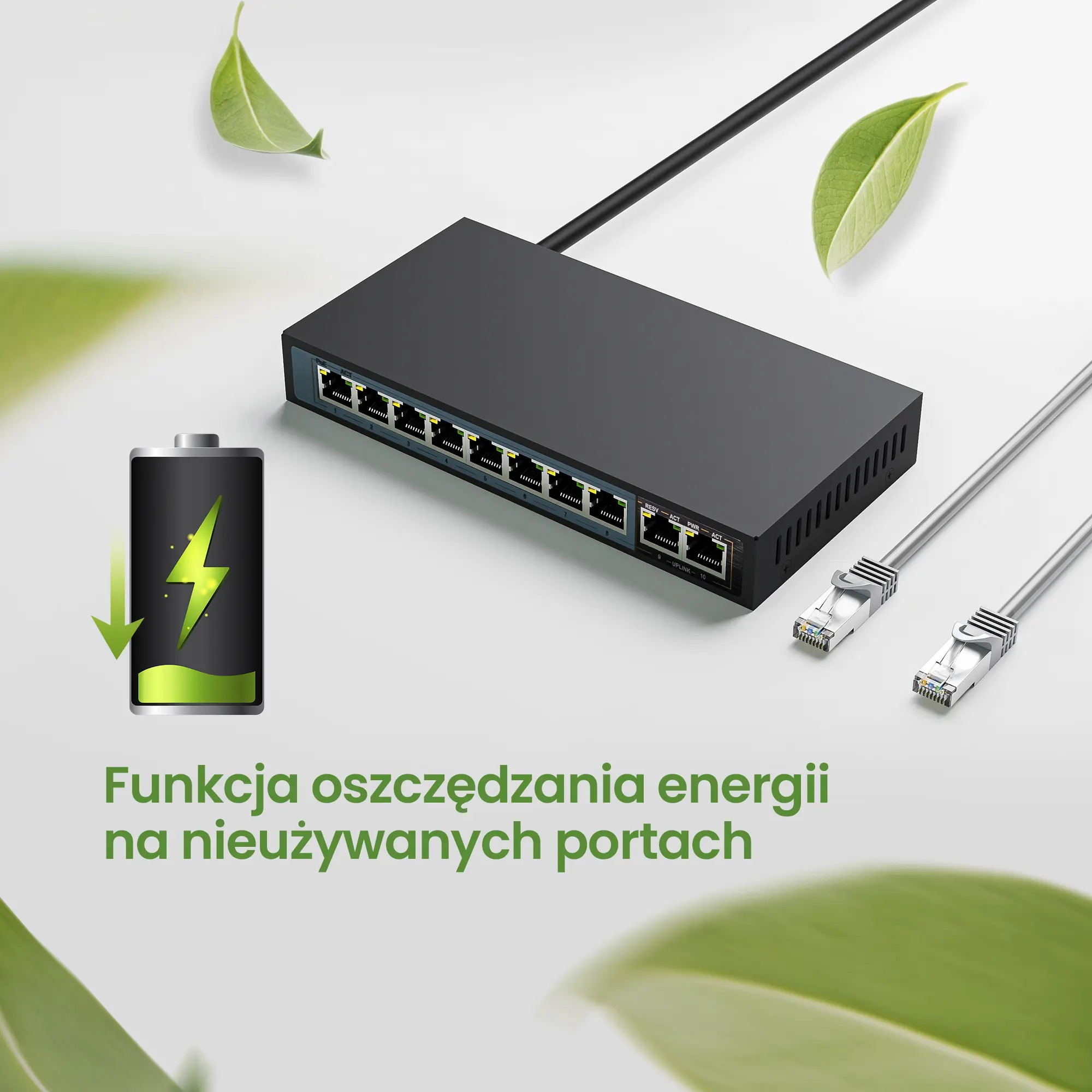 Een zwarte netwerkswitch met ethernetkabels en een batterij-icoon.