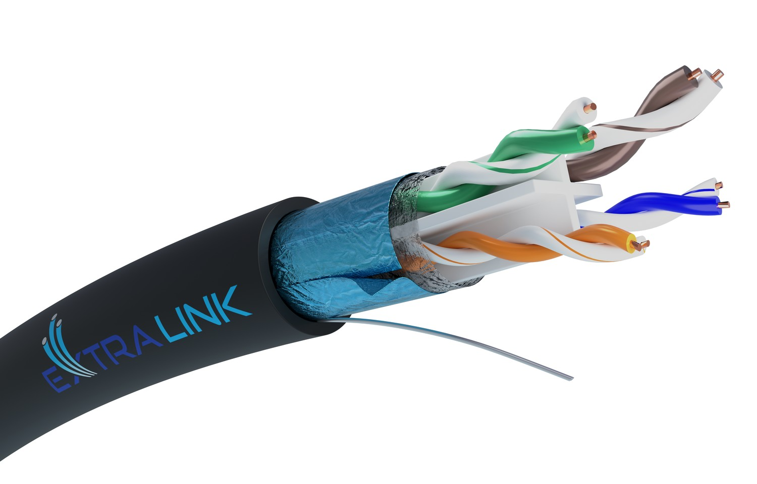 Vista in sezione di un cavo Ethernet nero, che rivela fili interni e schermatura in alluminio.