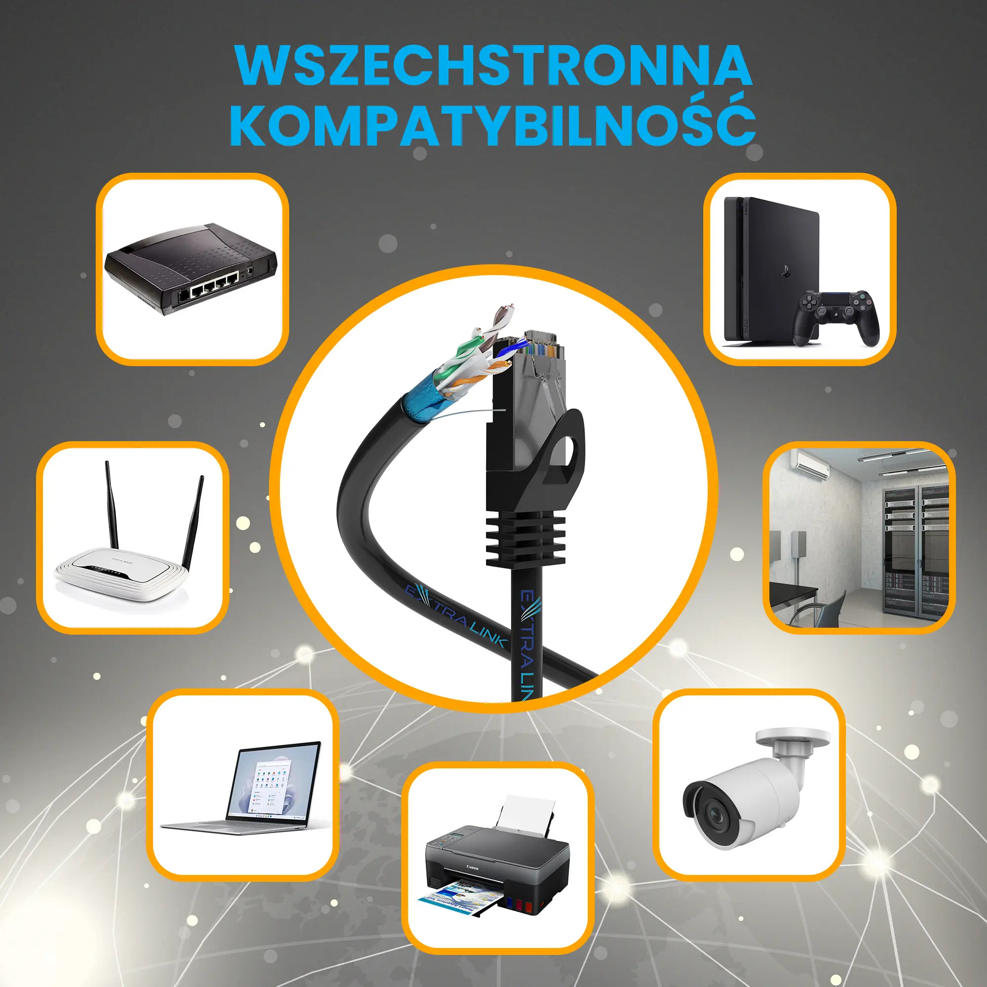 Un cavo di rete con fili scoperti, circondato da dispositivi: router, console di gioco, laptop, stampante, fotocamera.