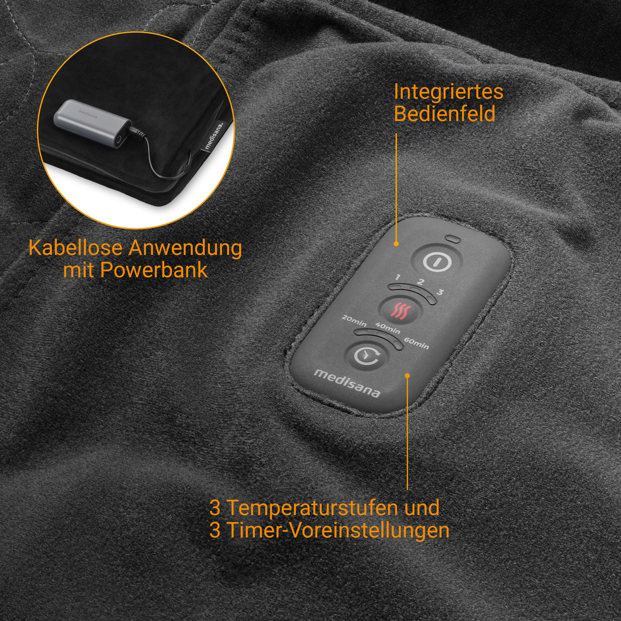 Gray heating pad with integrated control panel and power bank for wireless use.