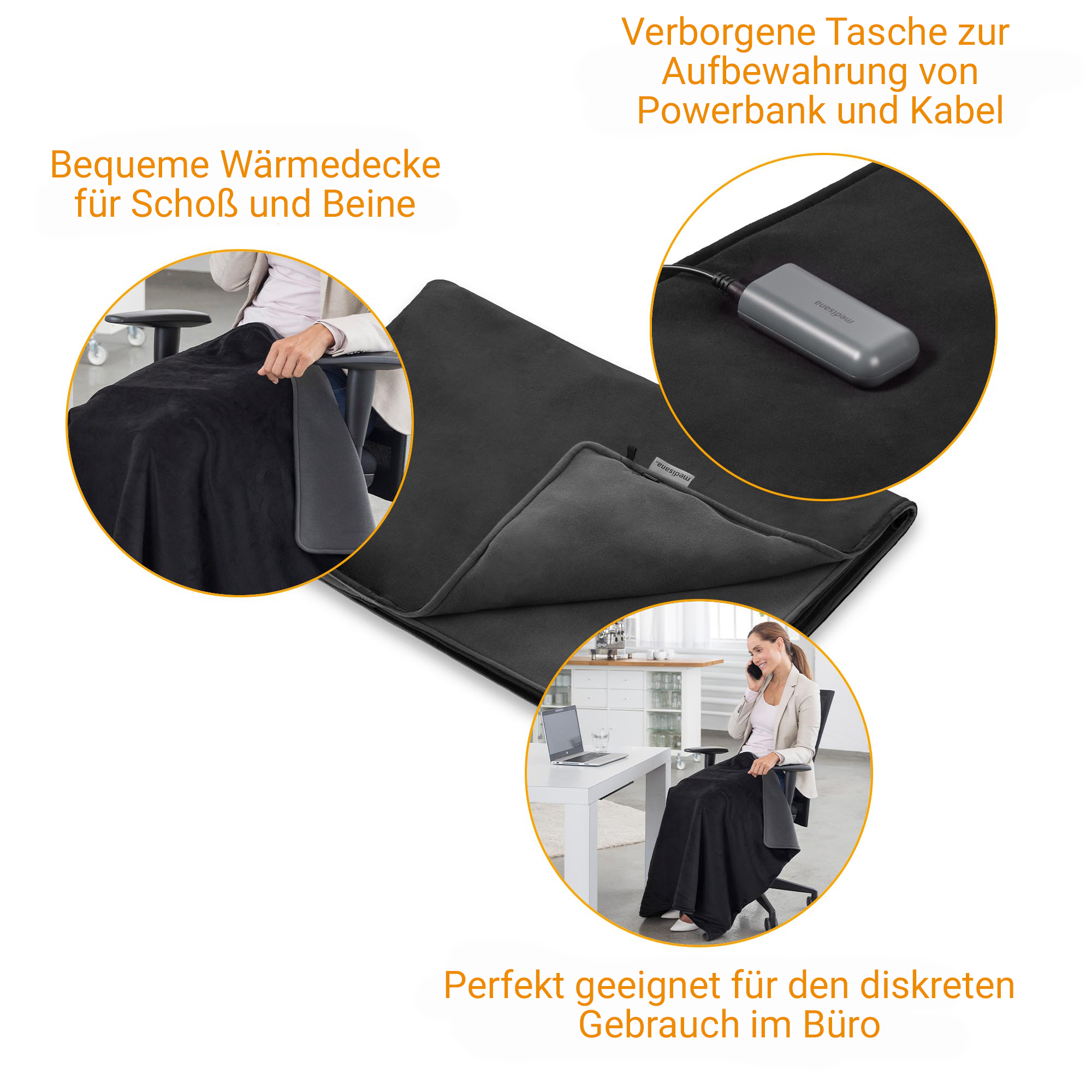A black blanket with a power bank and cable. A woman sits with it in an office.