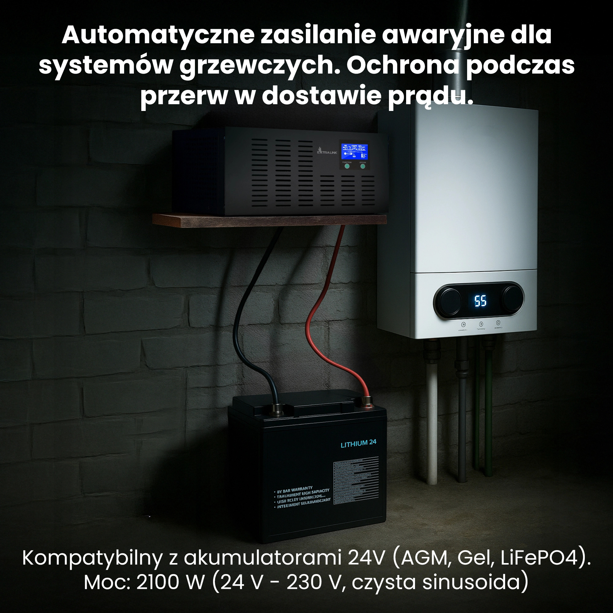 System grzewczy z zasilaczem awaryjnym, falownikiem i akumulatorem.