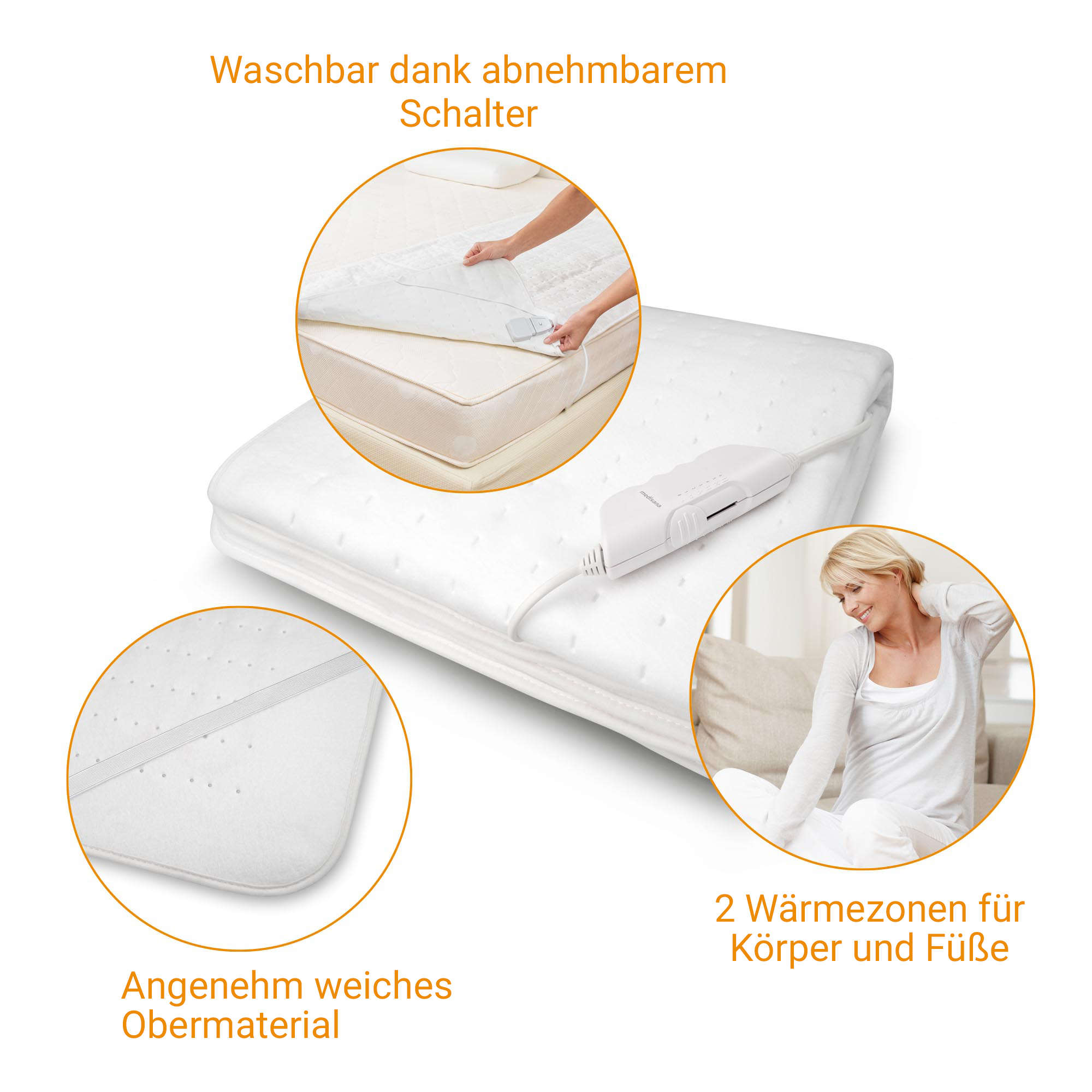 A white heated blanket with a detachable controller and two heat zones.
