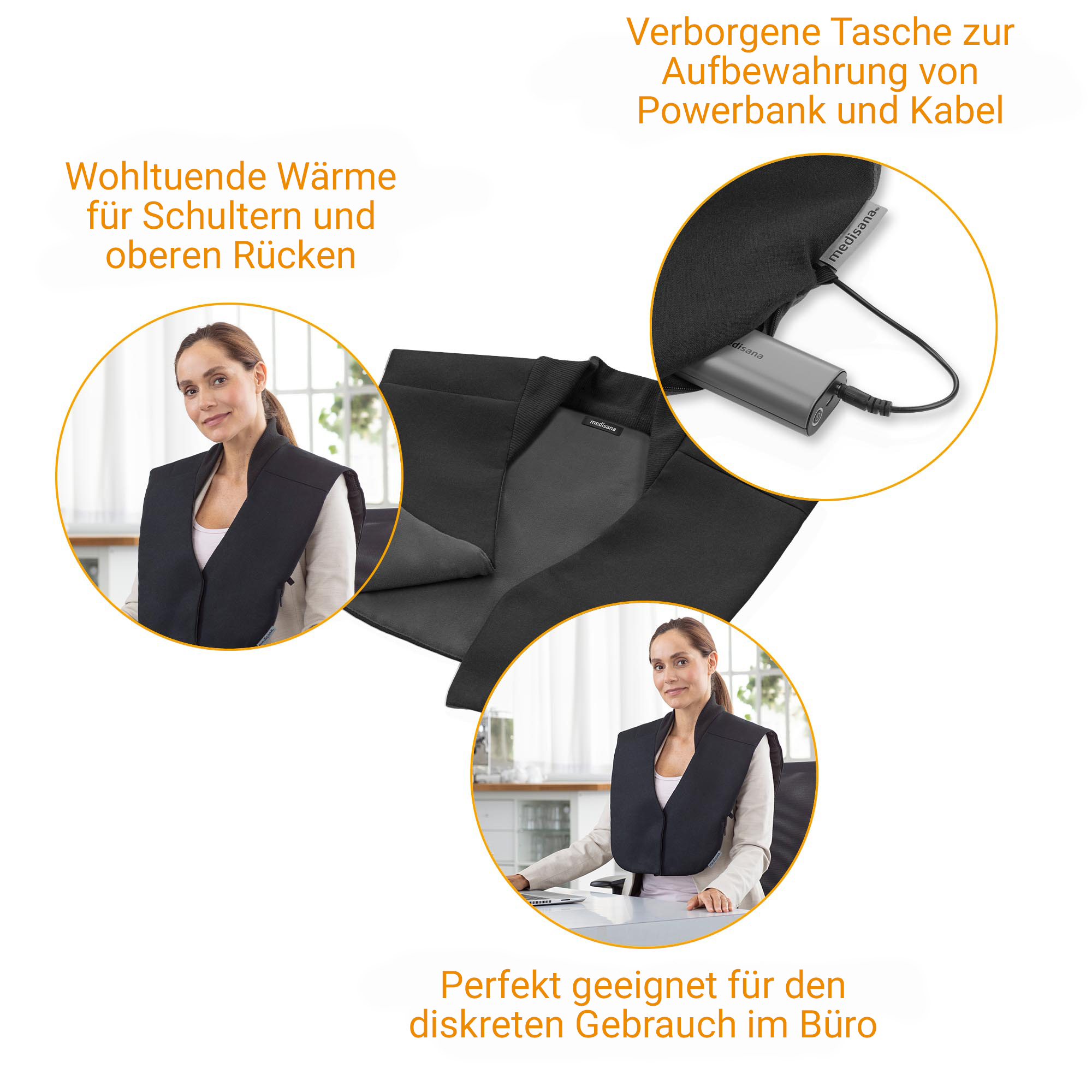 Un scaldacollo nero con power bank e cavo integrati, indossato da due donne.