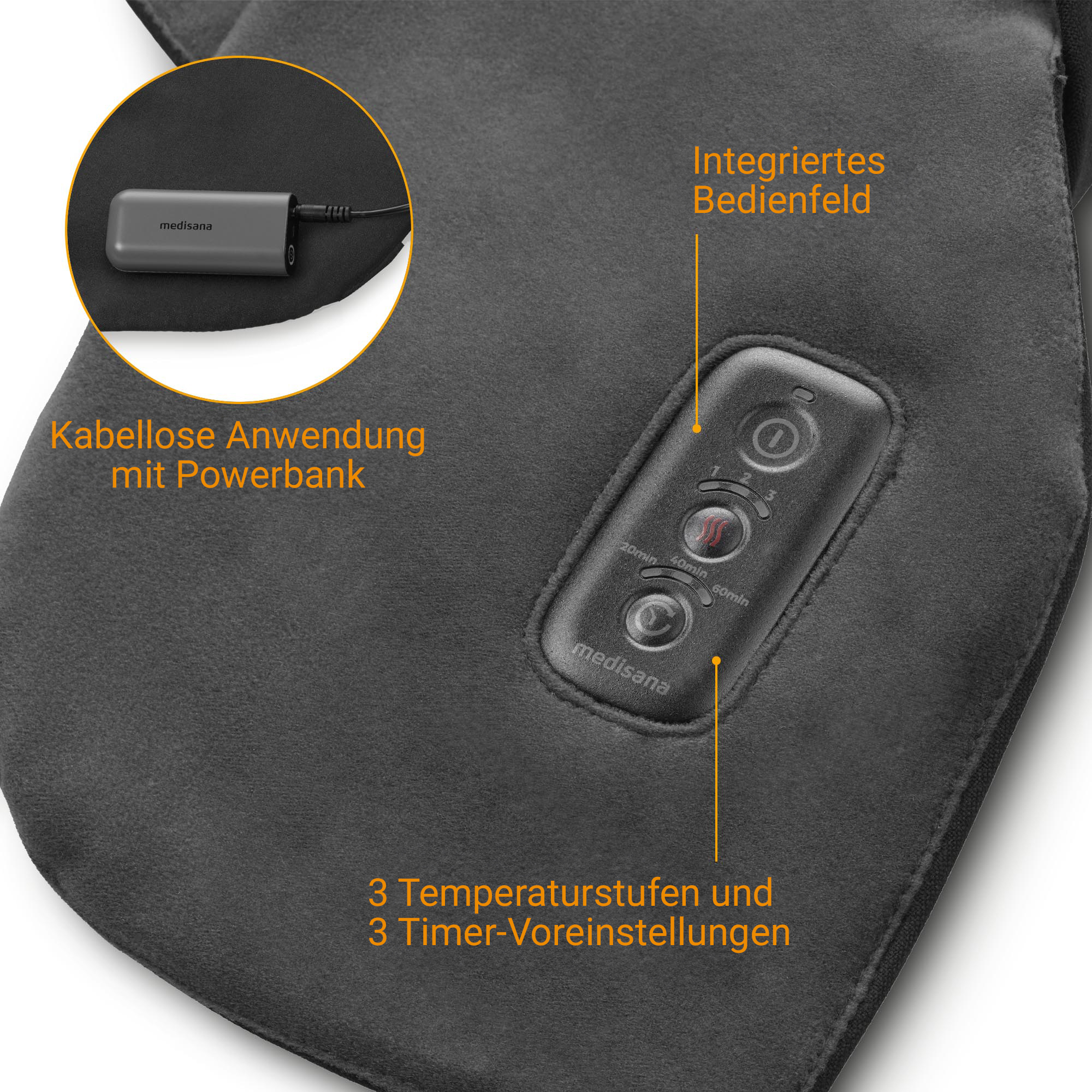 Cuscinetto riscaldante grigio con pannello di controllo integrato e power bank.