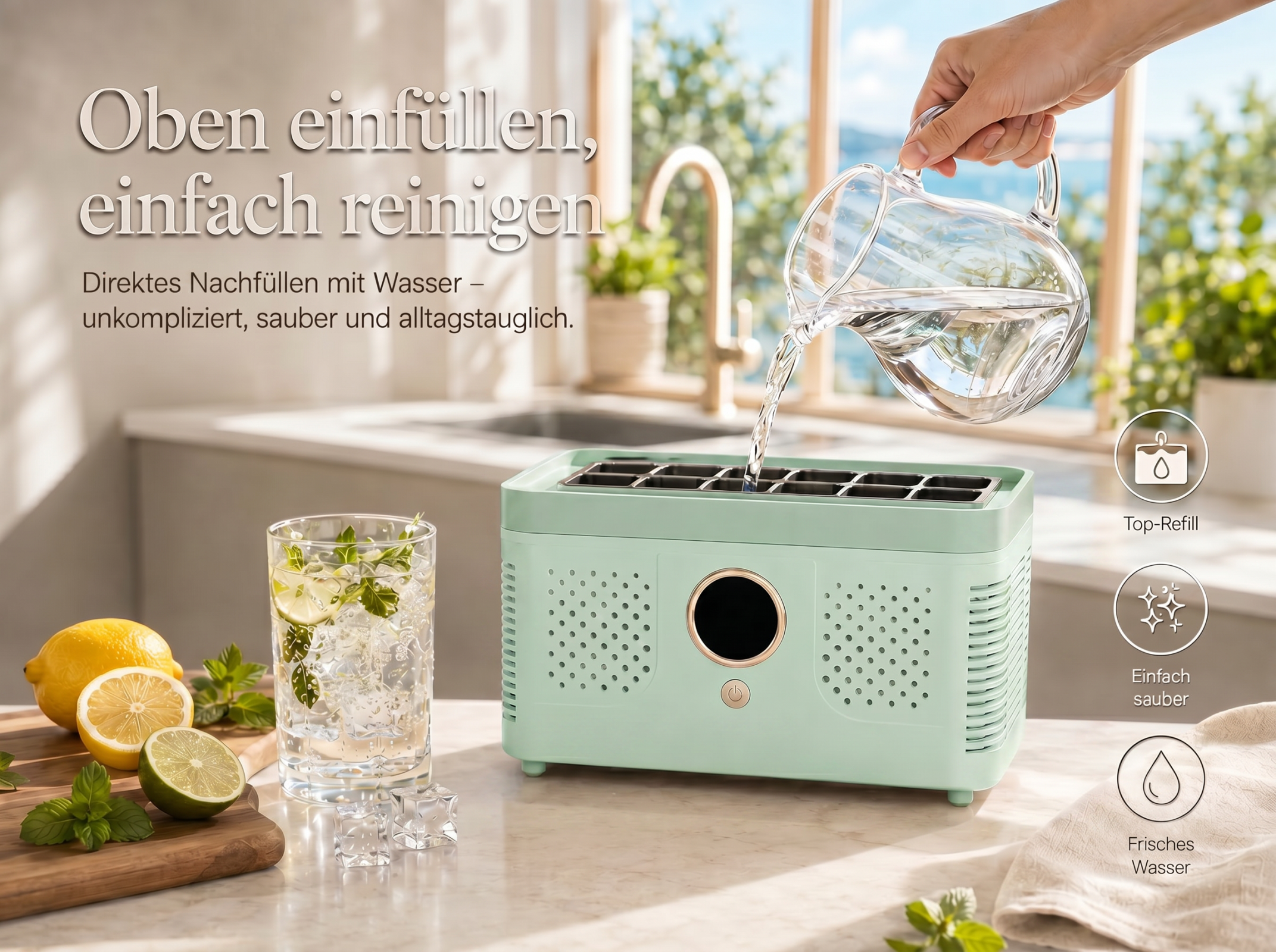 Ein grüner Eiswürfelbereiter wird mit Wasser befüllt. Daneben ein Glas mit Getränk.