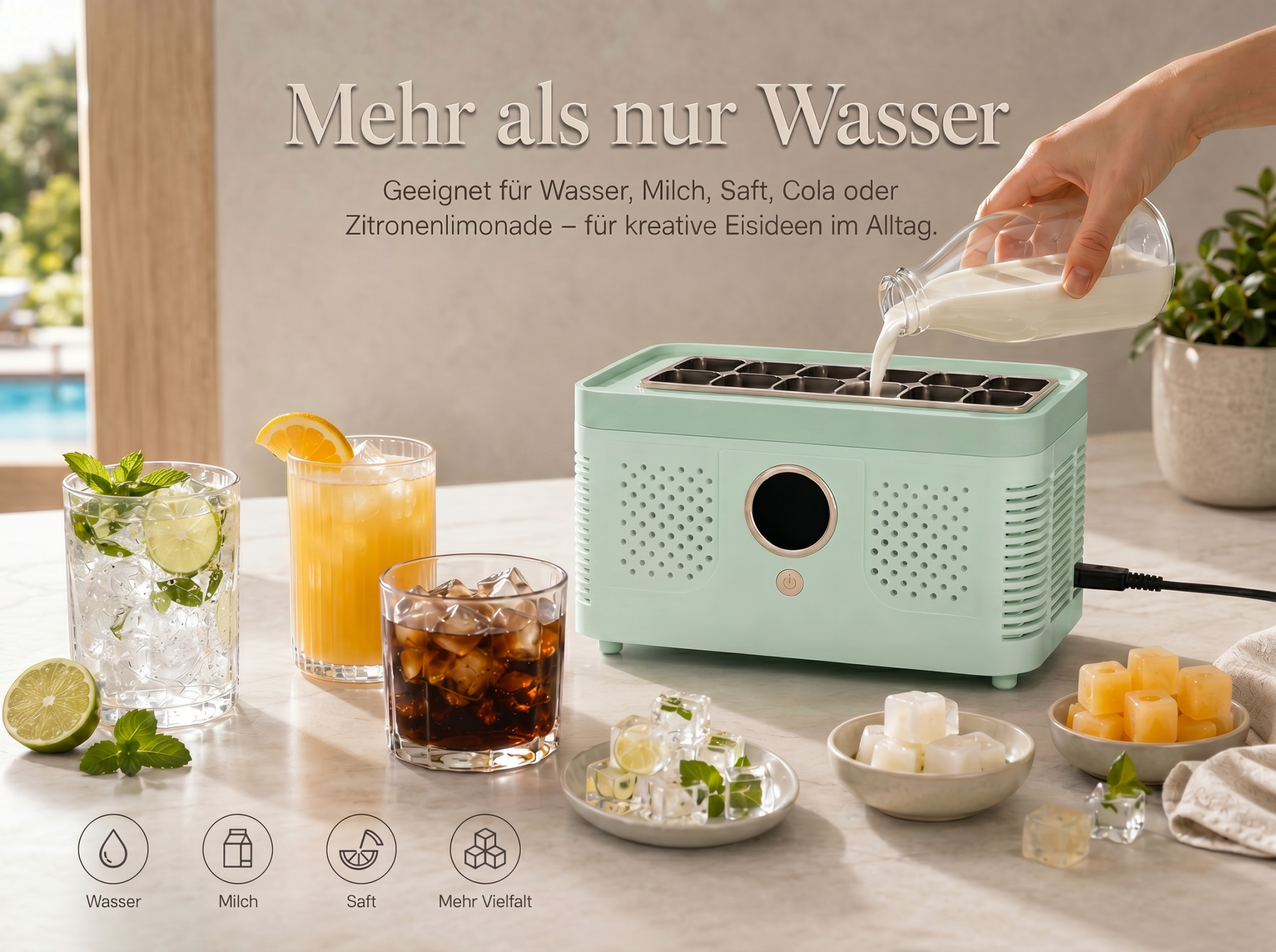 Eine Hand gießt Milch in einen Eiswürfelbereiter neben Getränken.
