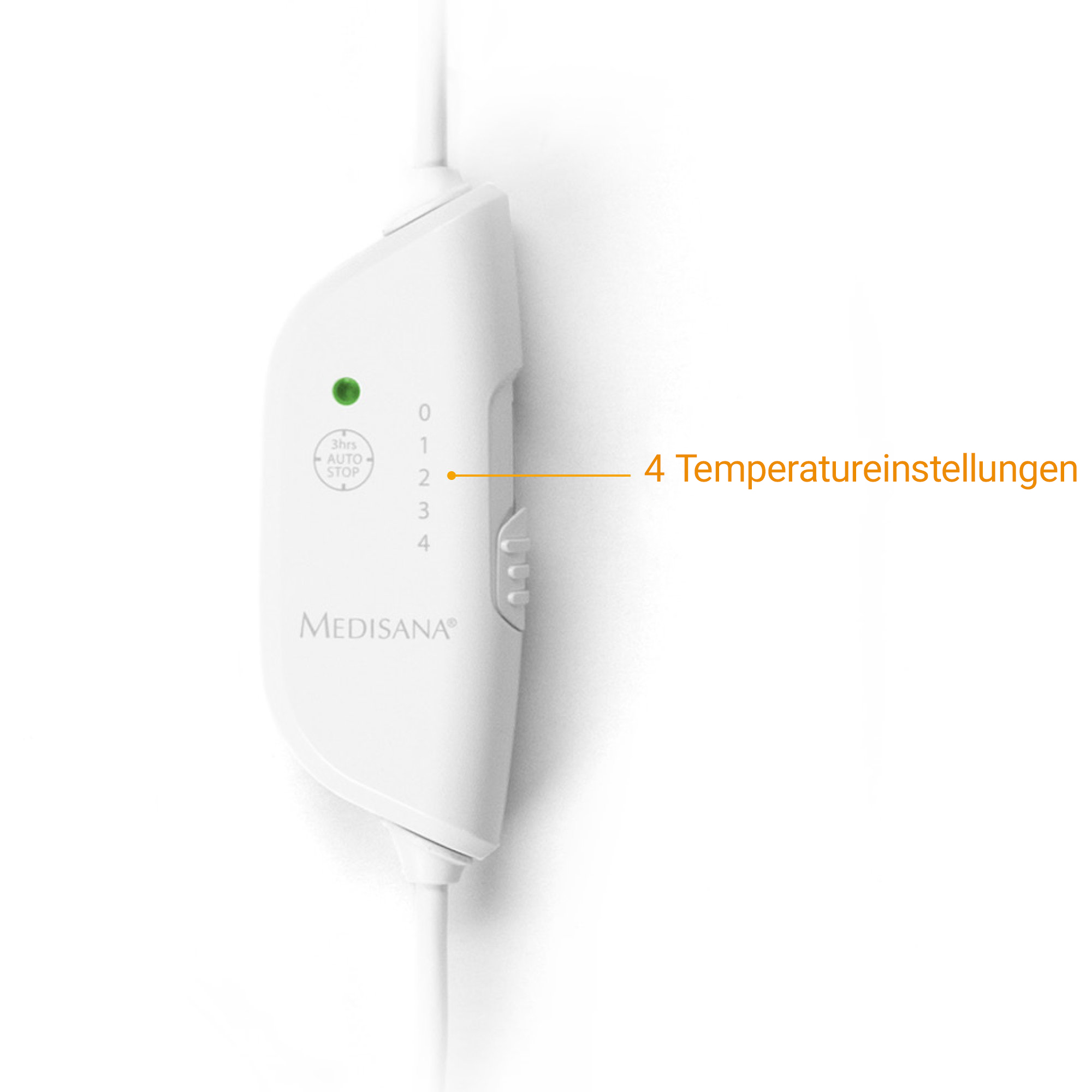 White Medisana controller with 4 temperature settings and a green light.