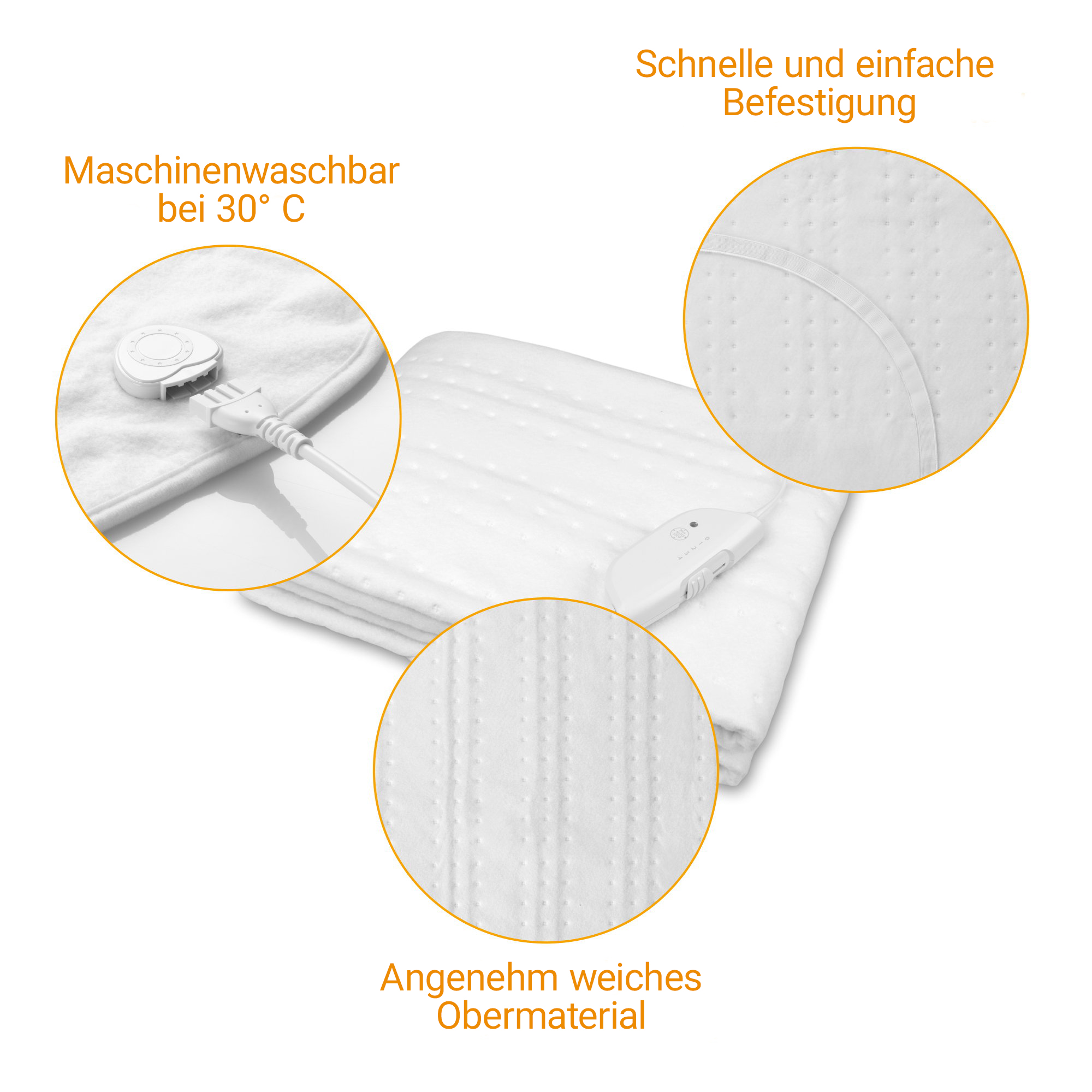 A white electric blanket with a detachable controller and straps.