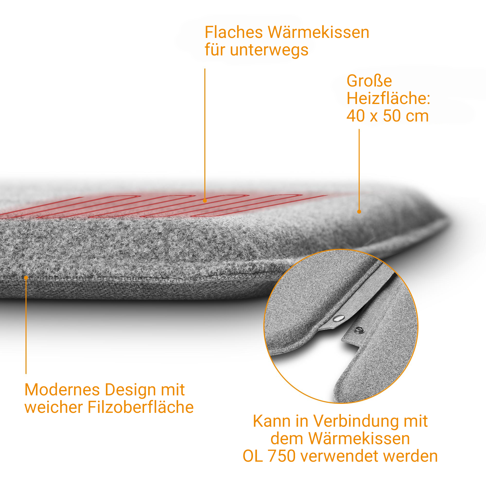 Coussin chauffant gris et plat avec graphique d'élément chauffant rouge et texte.