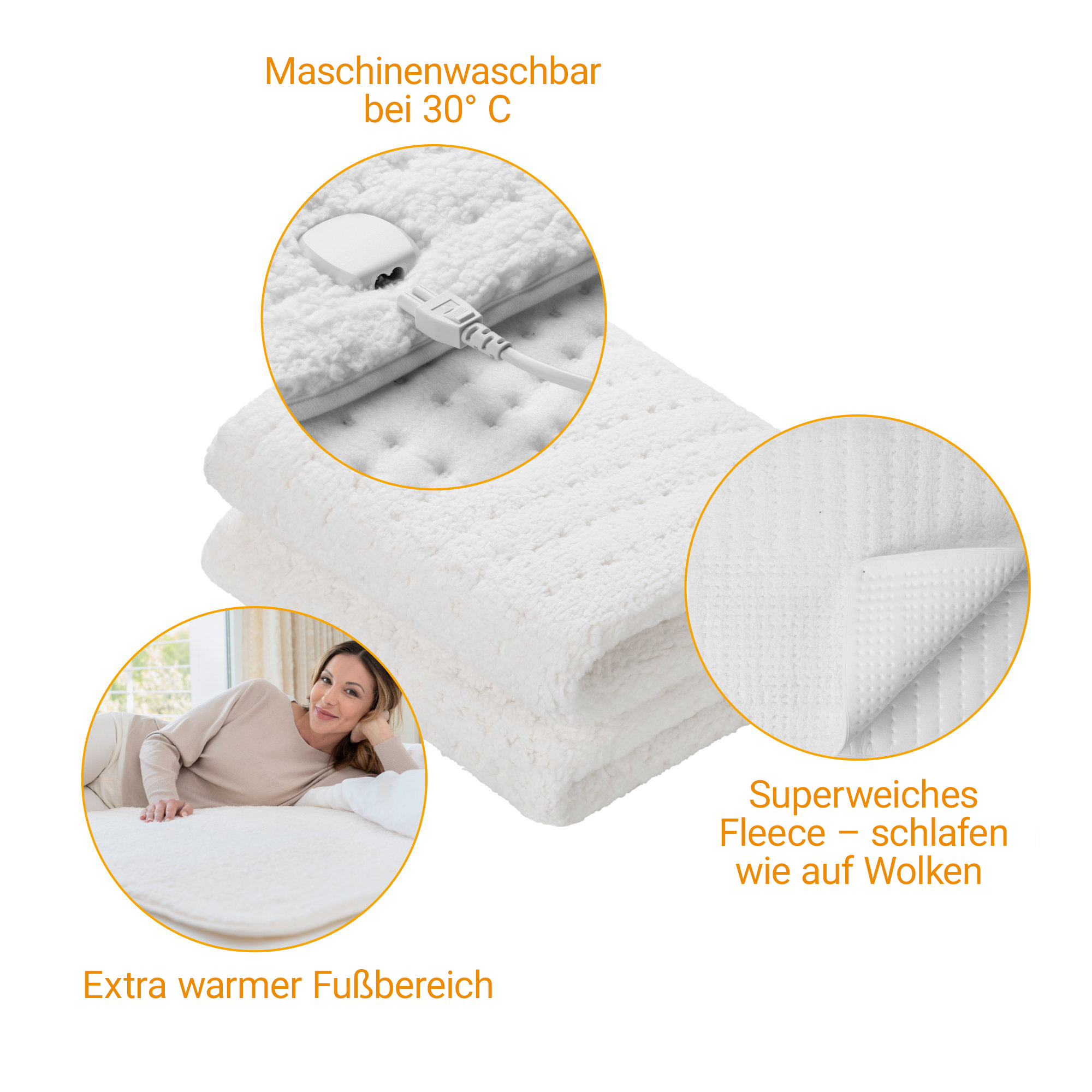 A white heating pad with a plug and a woman lying on it.