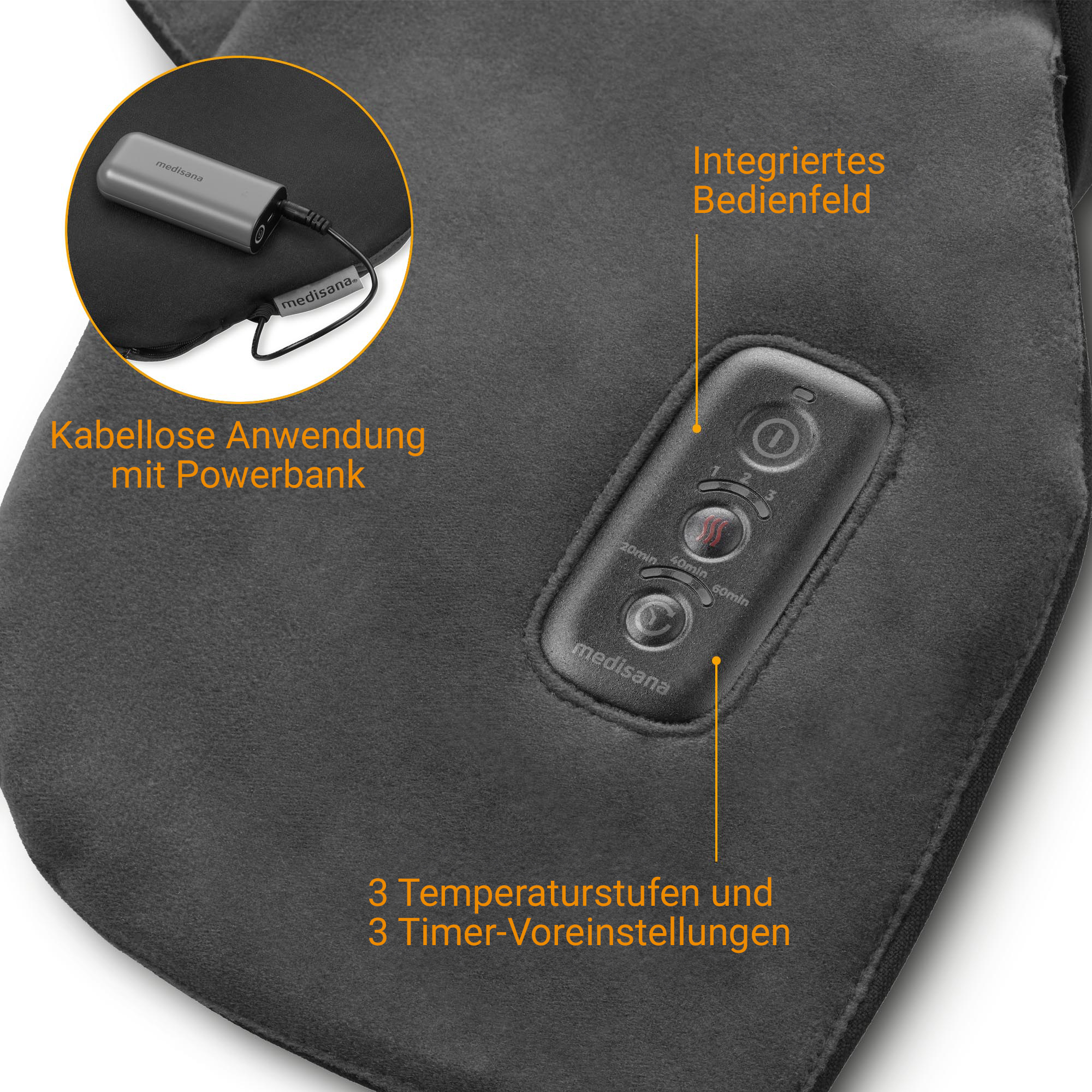 Cuscino riscaldante grigio con pannello di controllo integrato e power bank.