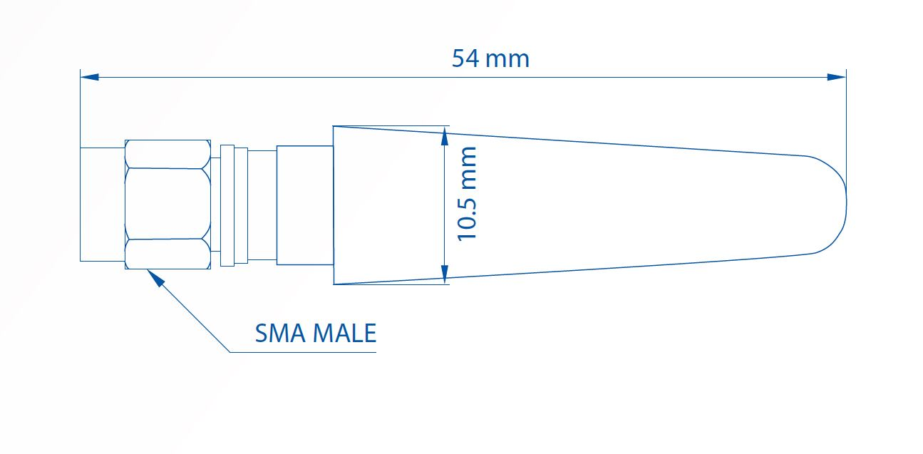 Disegno tecnico di un connettore SMA maschio, lungo 54mm, largo 10,5mm.