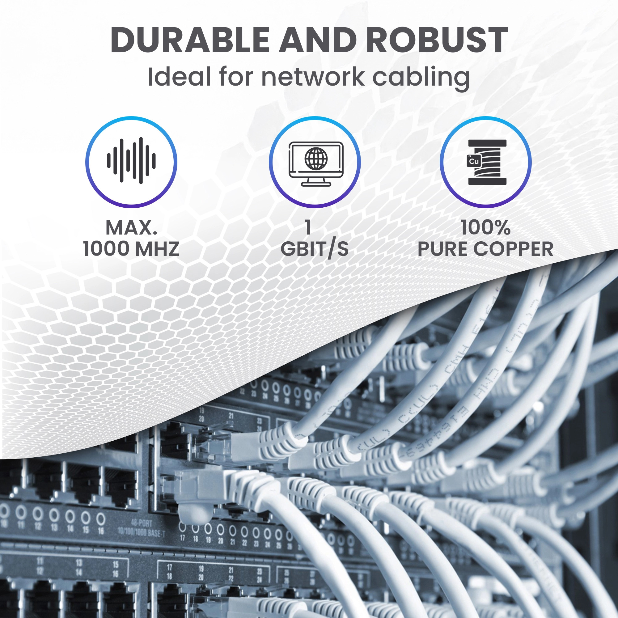 Cavi di rete collegati a uno switch, con icone per 1000 MHz, 1 Gbit/s, 100% rame.