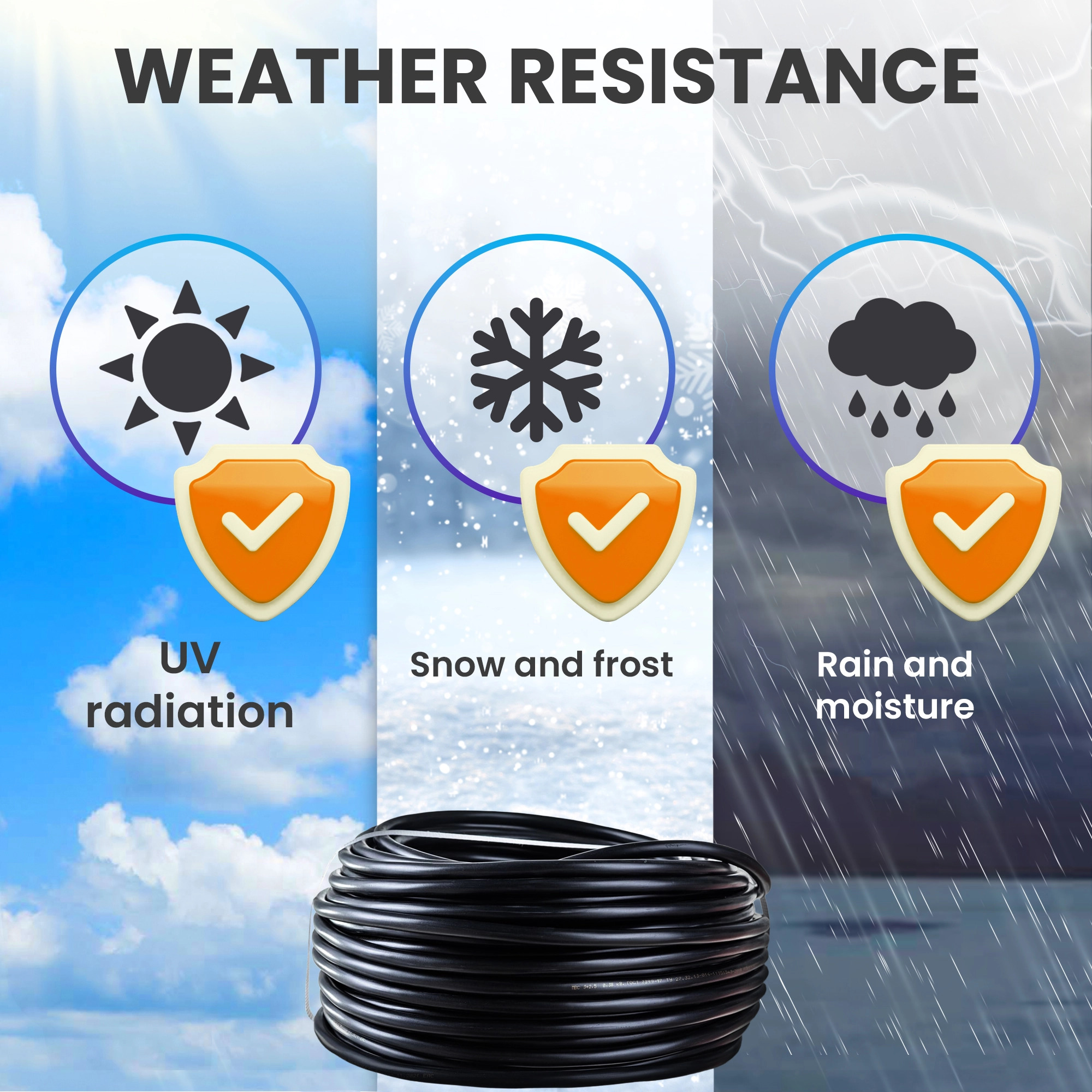 Resistenza agli agenti atmosferici: UV, neve, gelo, pioggia, umidità. Bobina cavo nero.