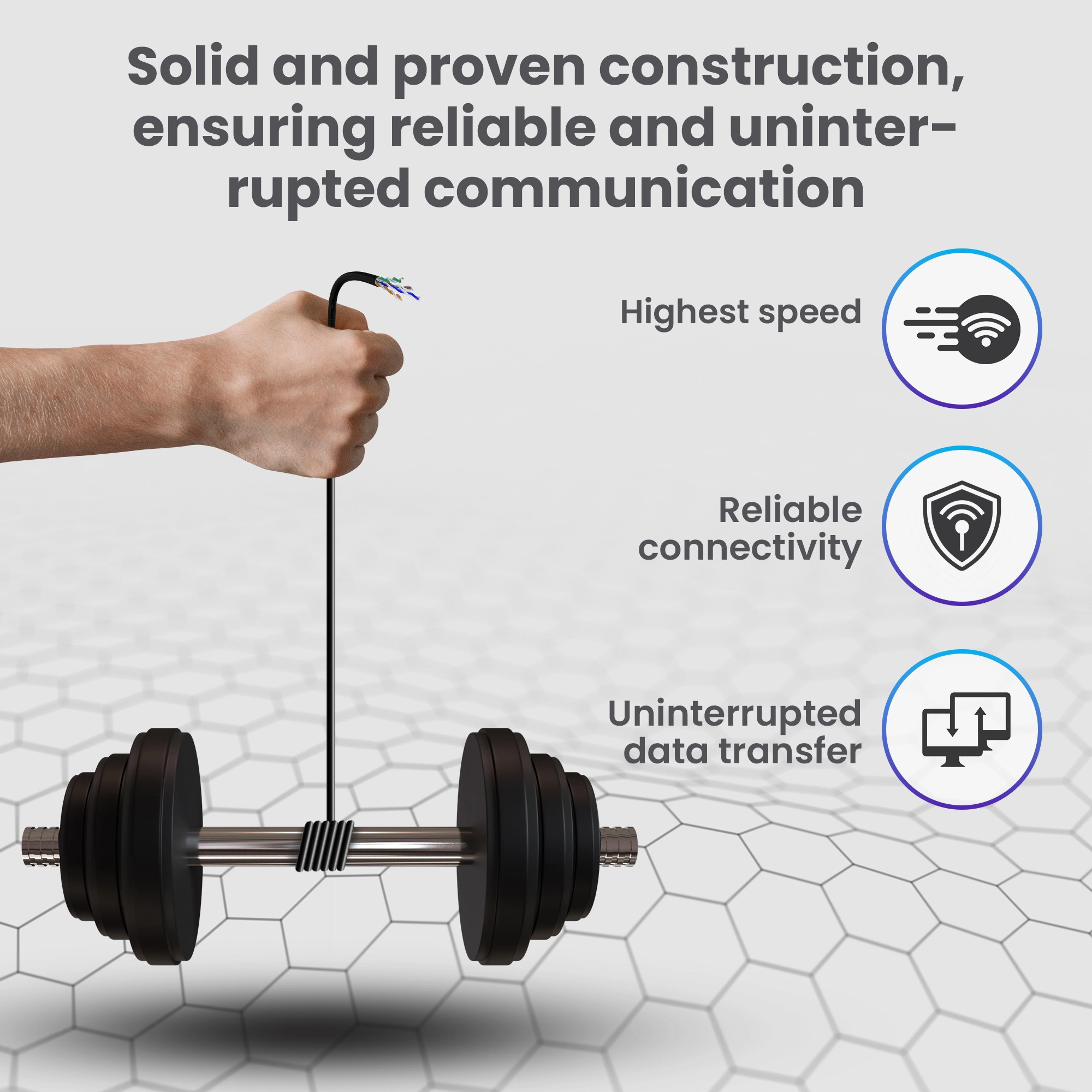 Una mano tiene un cavo di rete che sostiene un manubrio. Le icone mostrano velocità, connettività e trasferimento dati.