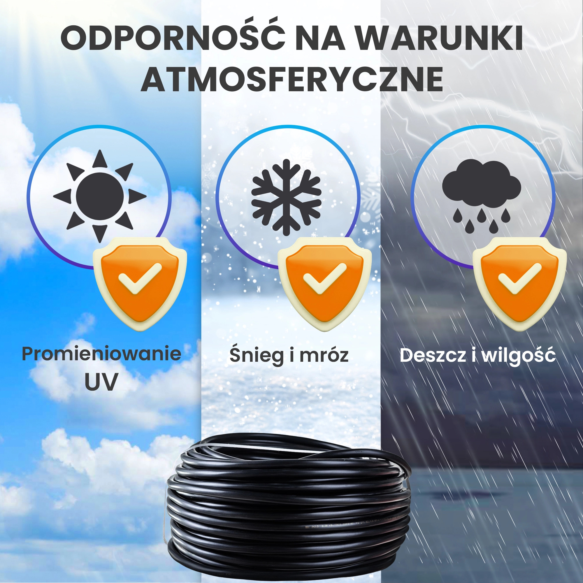 Bobina di filo nero con icone UV, neve e pioggia che indicano resistenza agli agenti atmosferici.
