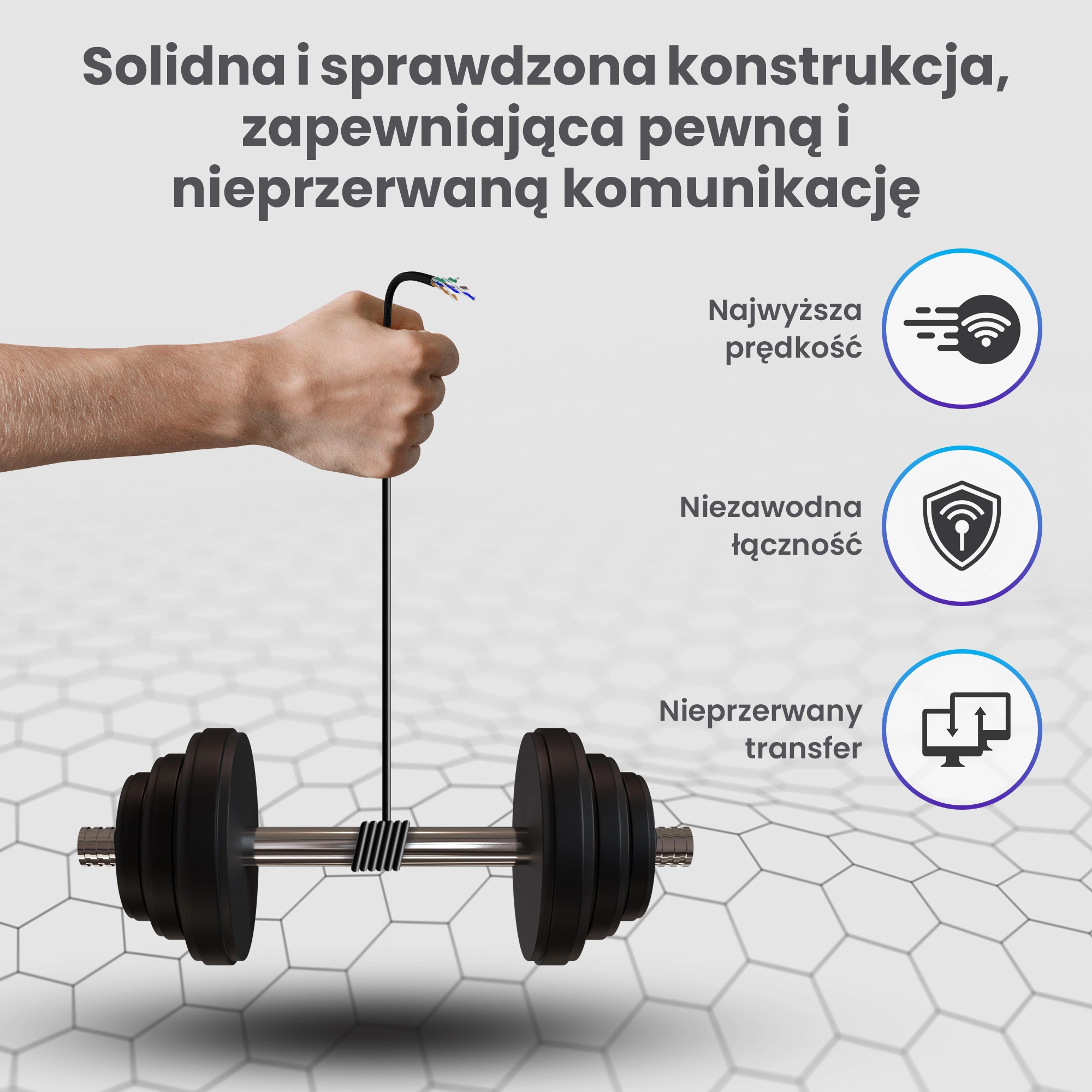 Mano tiene cavo su manubrio. Icone per velocità, connessione, trasferimento.