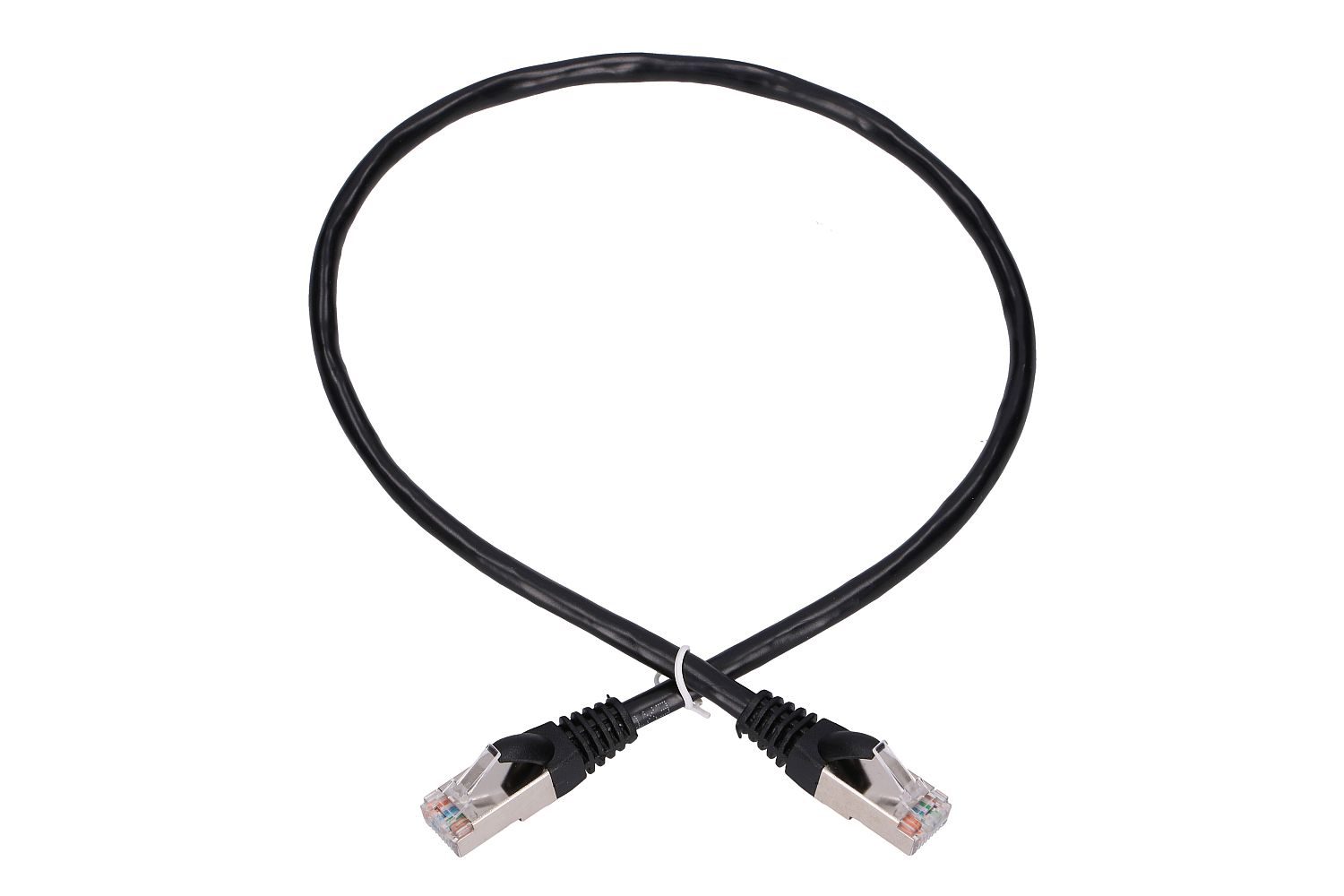 Black Ethernet cable with silver connectors, looped on a white background.