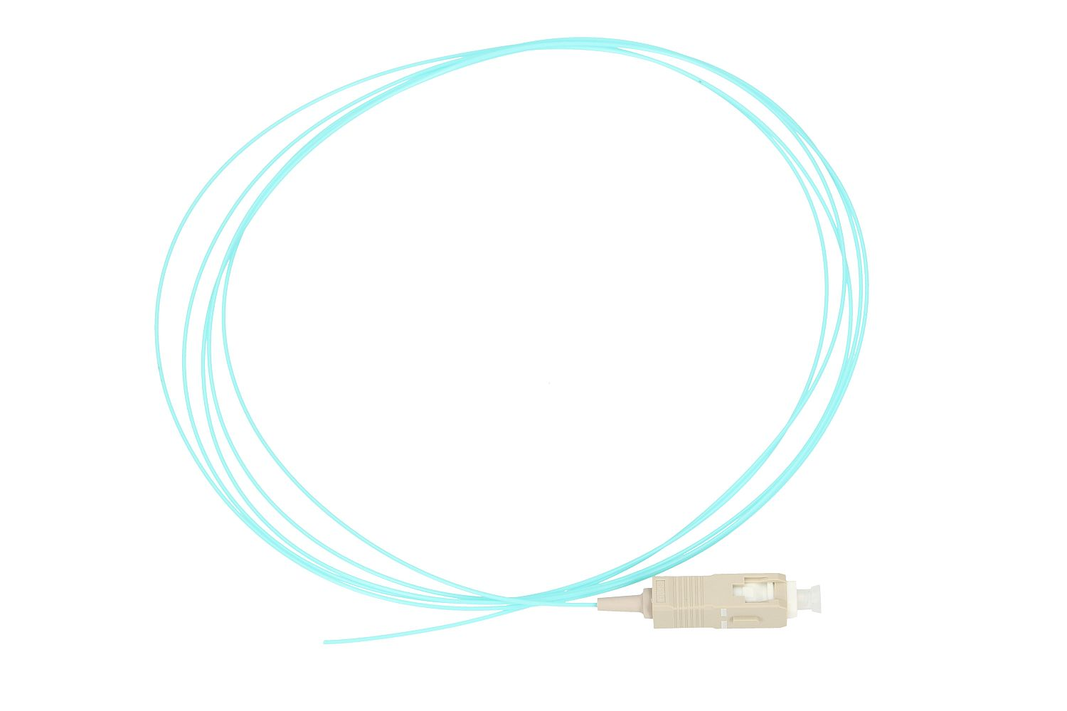 Jasnoniebieski kabel światłowodowy z beżowym złączem.