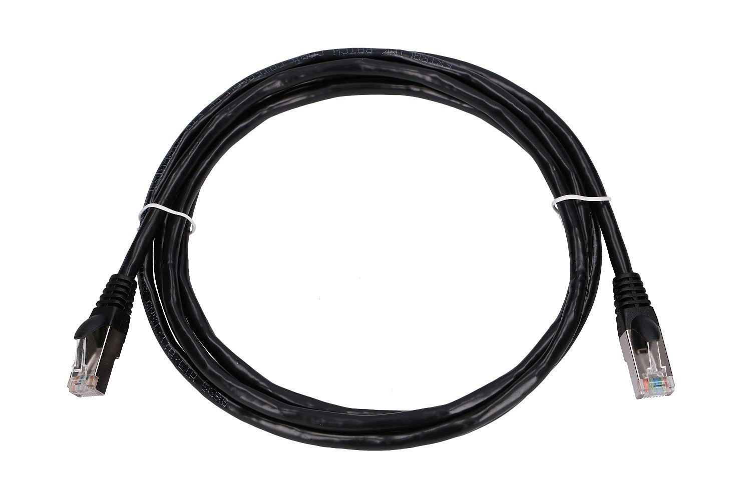 A black Ethernet cable with RJ45 connectors, on a white background.