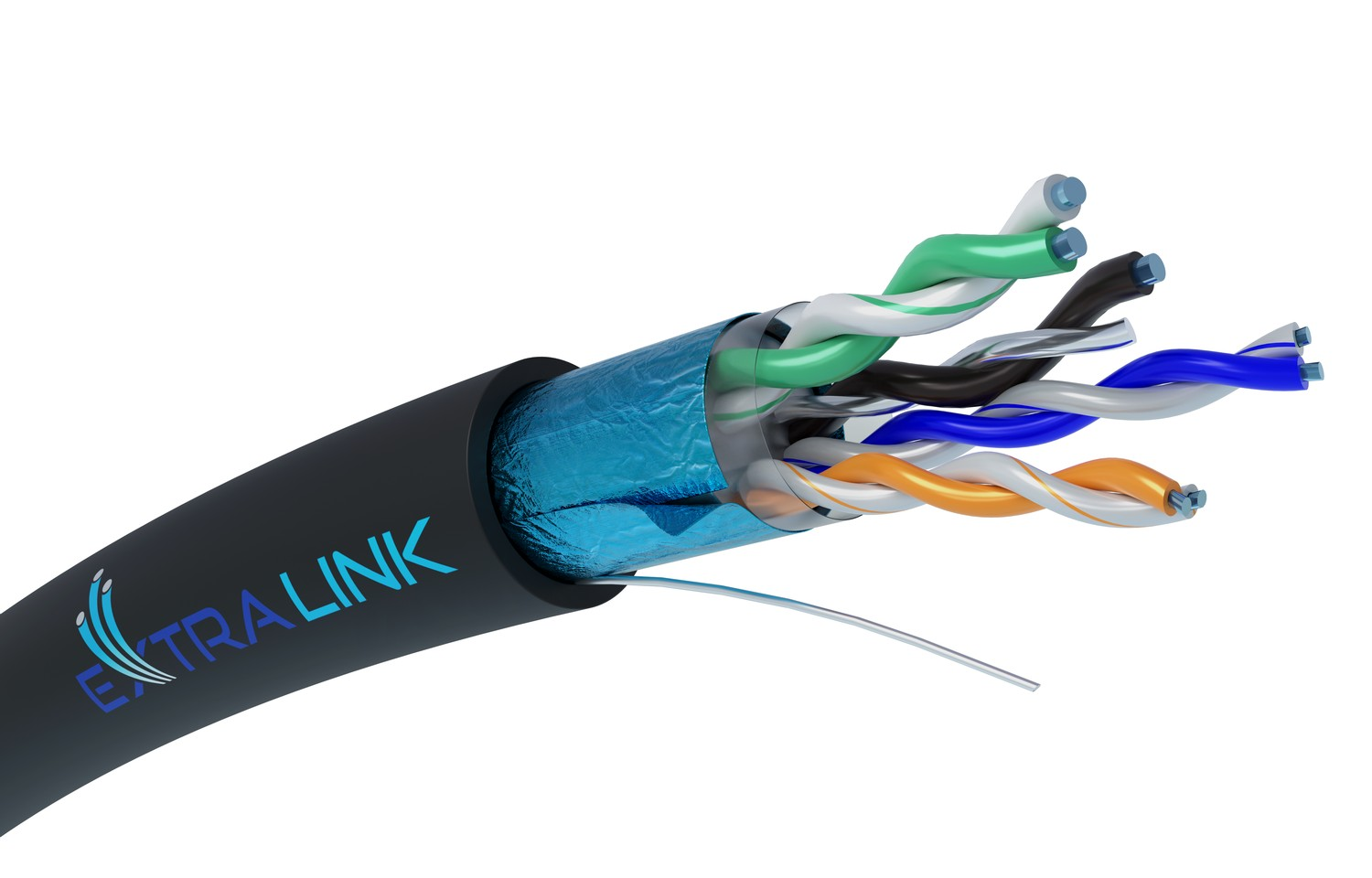Zbliżenie przeciętego kabla Ethernet pokazującego niebieską folię, skręcone pary: zielony, czarny, biały, niebieski, pomarańczowy.