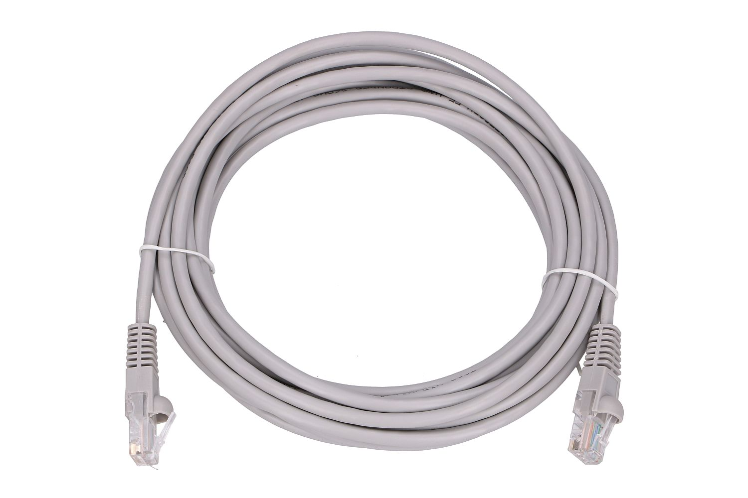 A coiled gray Ethernet cable with two RJ45 connectors.