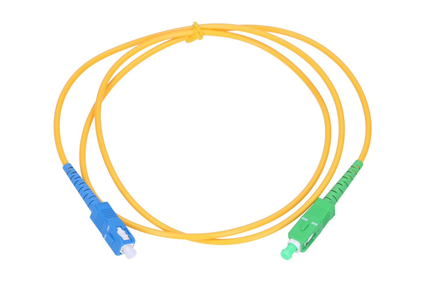 Żółty kabel światłowodowy z niebieskim i zielonym złączem.