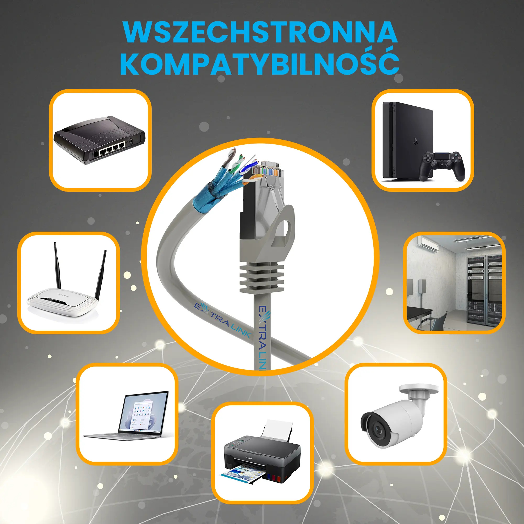 Urządzenia sieciowe: router, konsola do gier, laptop, drukarka, kamera, serwerownia i kabel sieciowy.