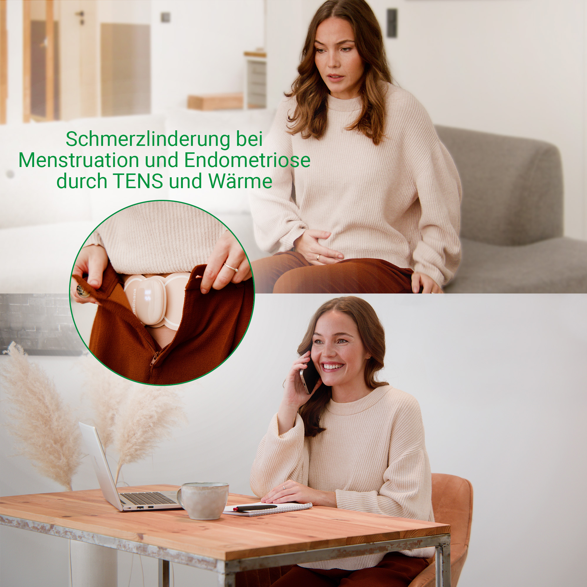 Frau mit TENS-Gerät am Bauch, sitzt am Schreibtisch und telefoniert.