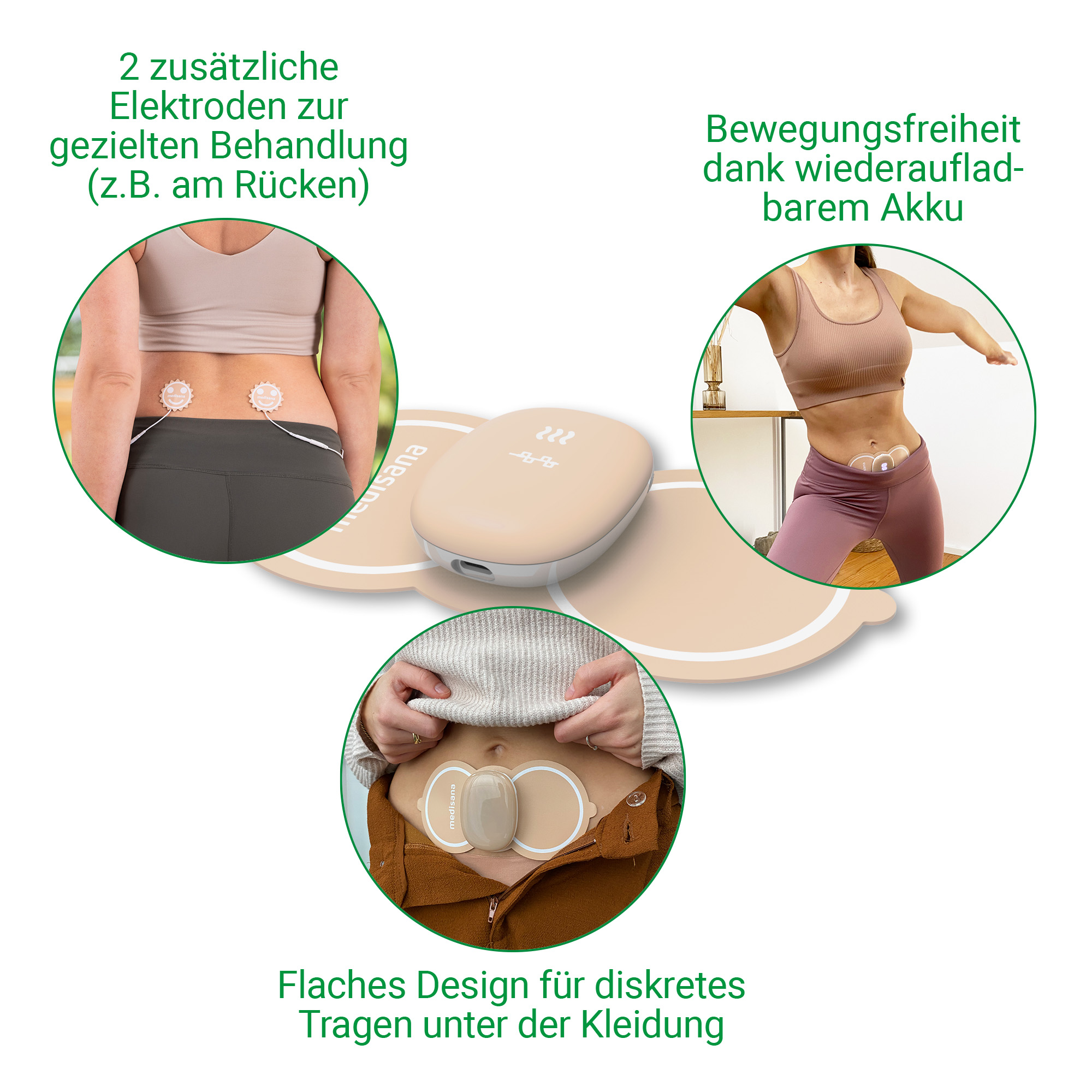 Medisana EMS Gerät: Elektroden am Rücken, Bauch und Lendenwirbelbereich.