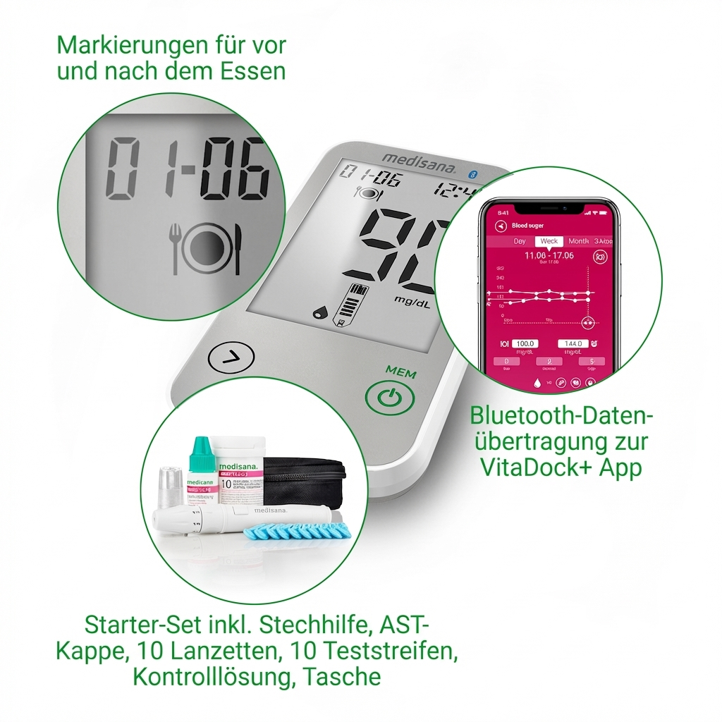 Medisana Blutzuckermessgerät mit Starter-Set und App-Anbindung.