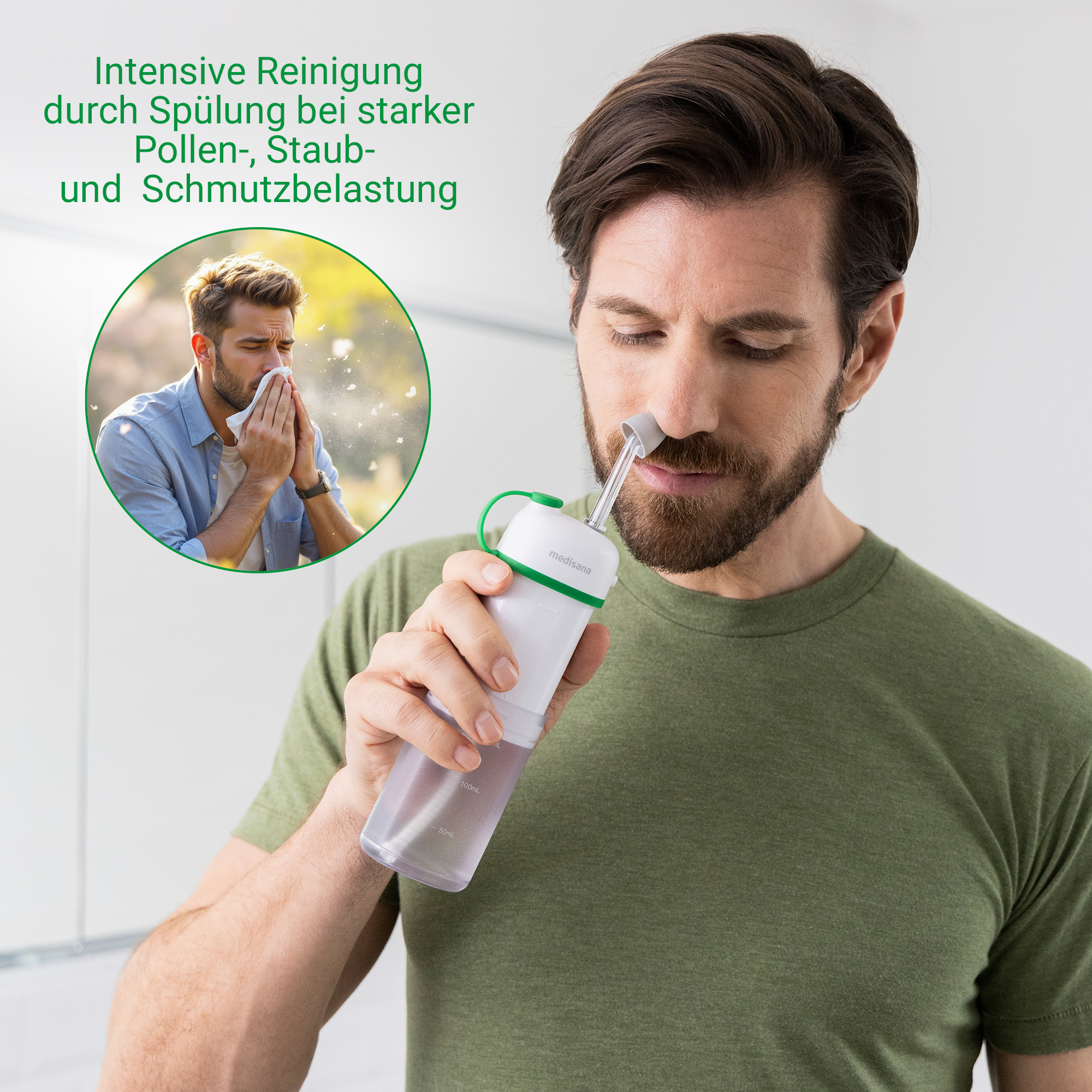 Hombre usa irrigador nasal; inset muestra hombre estornudando en pañuelo.