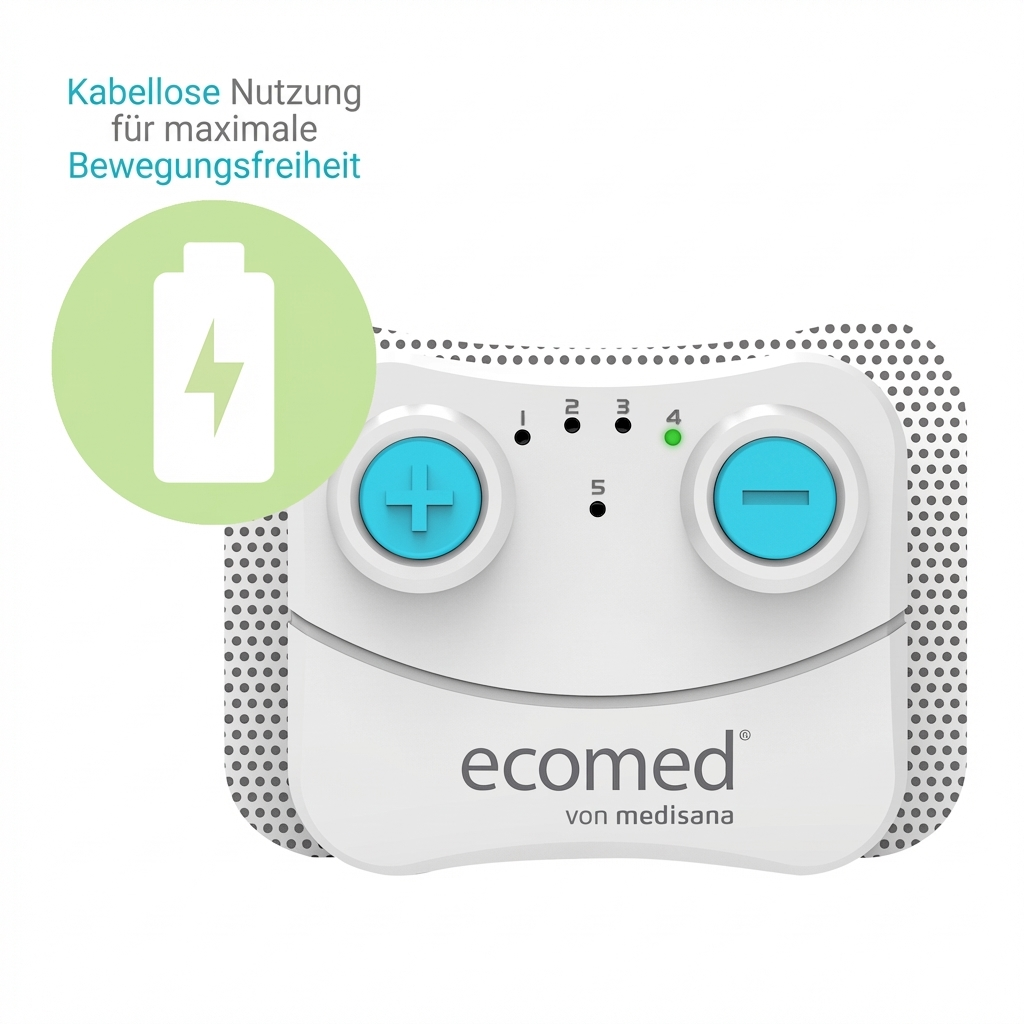 Weißes ecomed-Gerät mit blauen +/- Tasten, Kontrollleuchte und Akkusymbol.