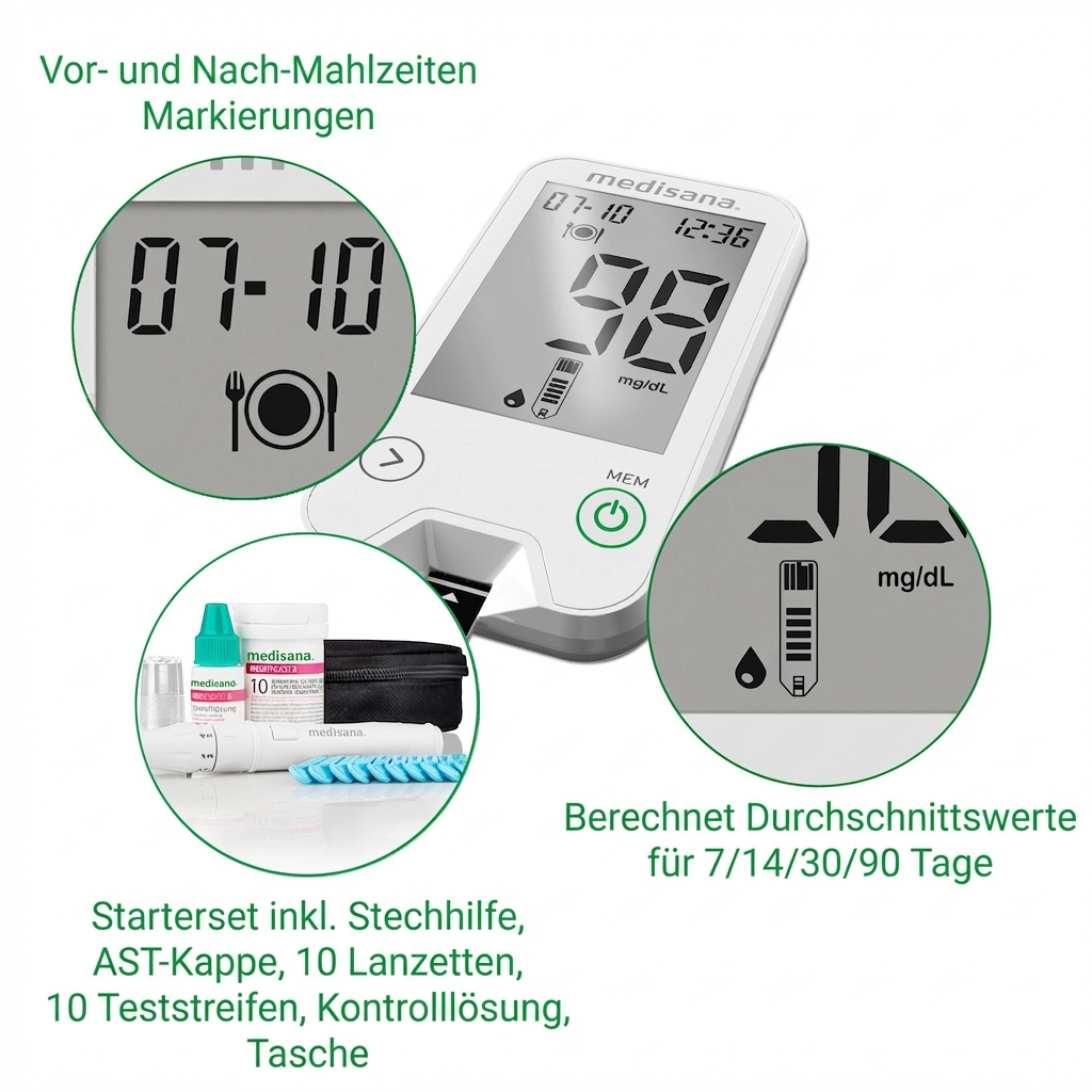 Medisana Blutzuckermessgerät mit Zubehör, Datum 07-10, Wert 98 mg/dL.