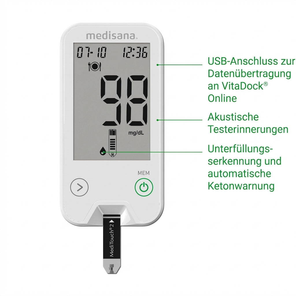 Ein weißes Medisana Blutzuckermessgerät mit einem Teststreifen. Anzeige zeigt 98 mg/dL.
