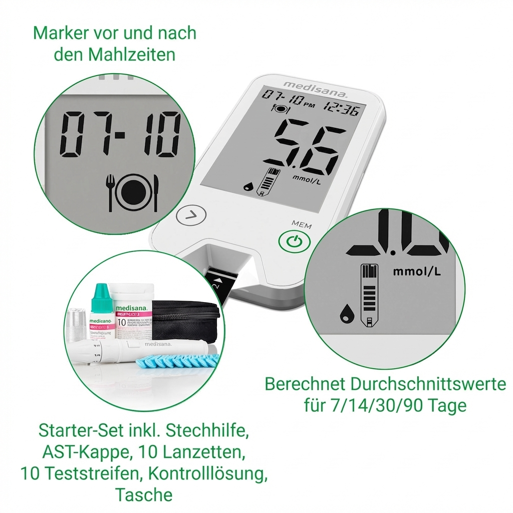 Medisana Blutzuckermessgerät mit Zubehör und Anzeigen