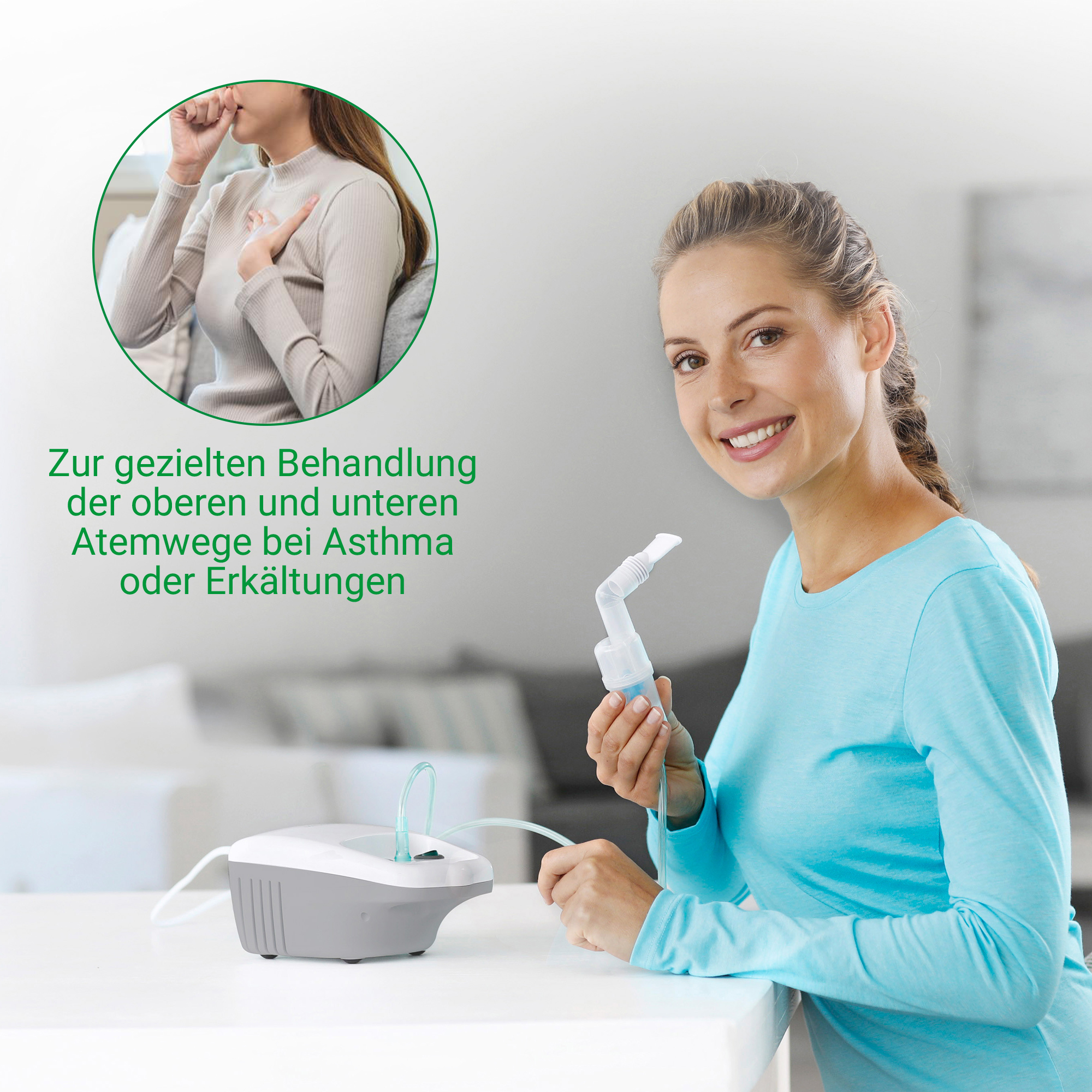 Femme tenant un nébuliseur, cercle montrant une femme toussant. Pour maladies respiratoires.