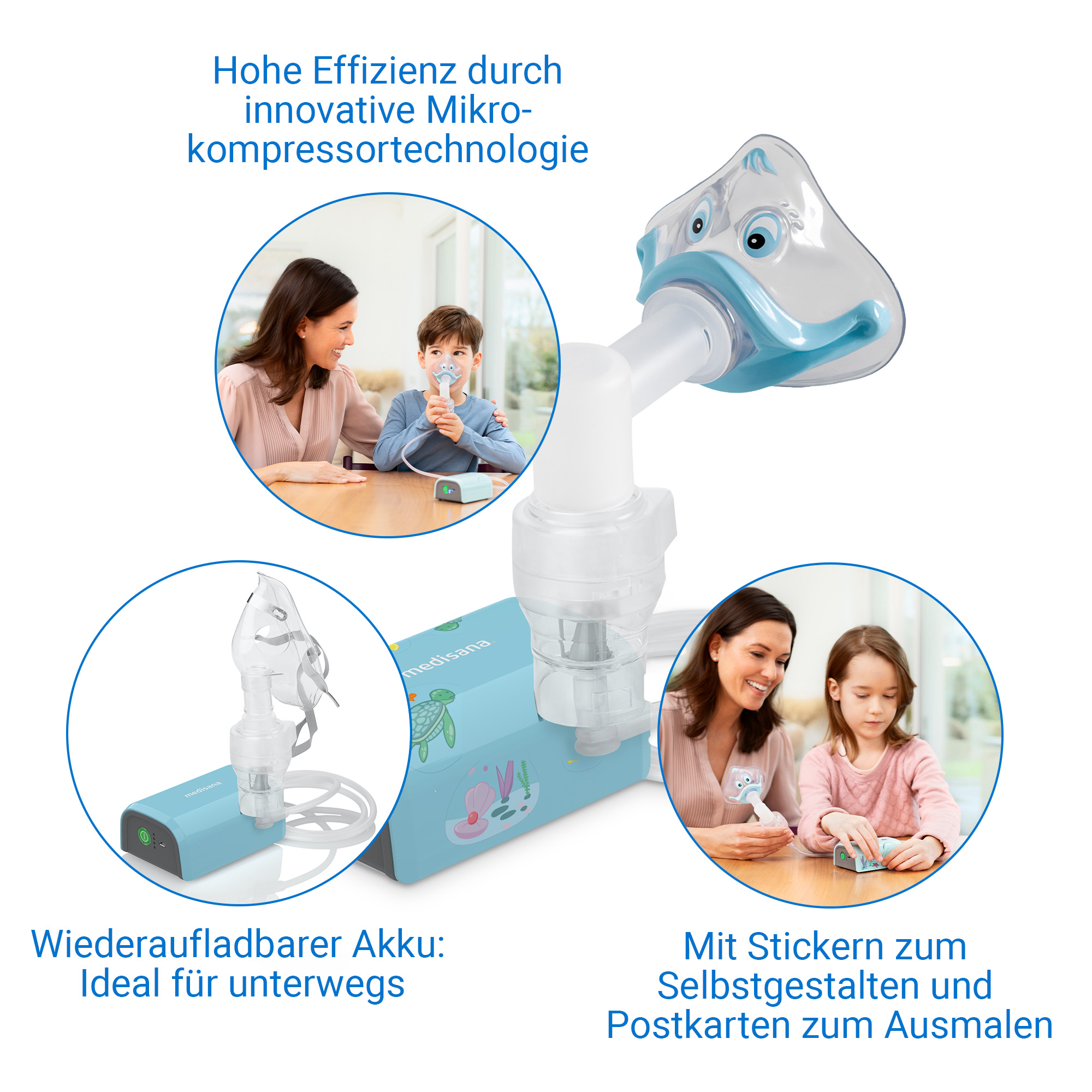 Compressor vernevelaar met maskers voor kinderen en volwassenen, batterij en accessoires.
