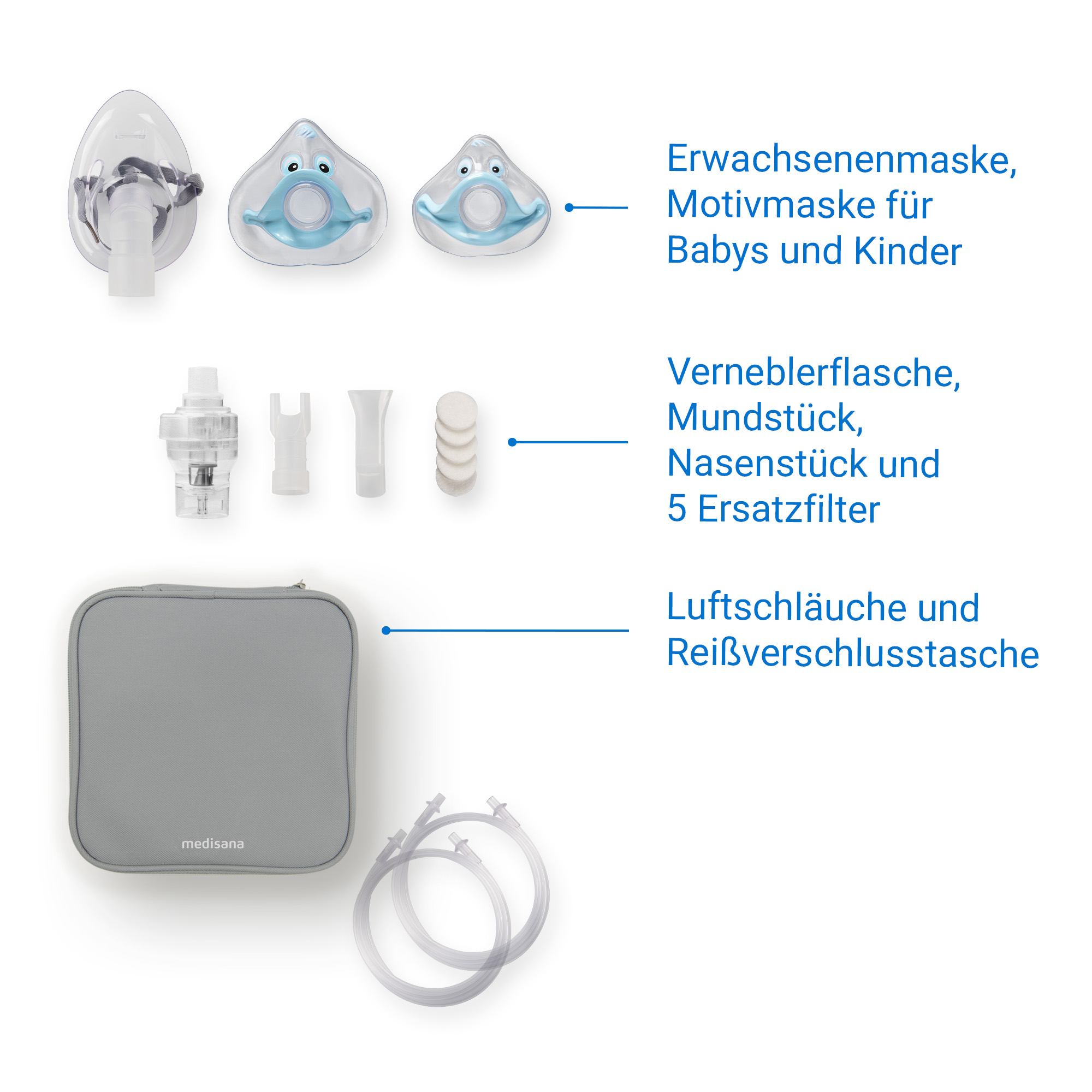 Medisana accessoires: maskers, vernevelaar, filters, slangen en tas.