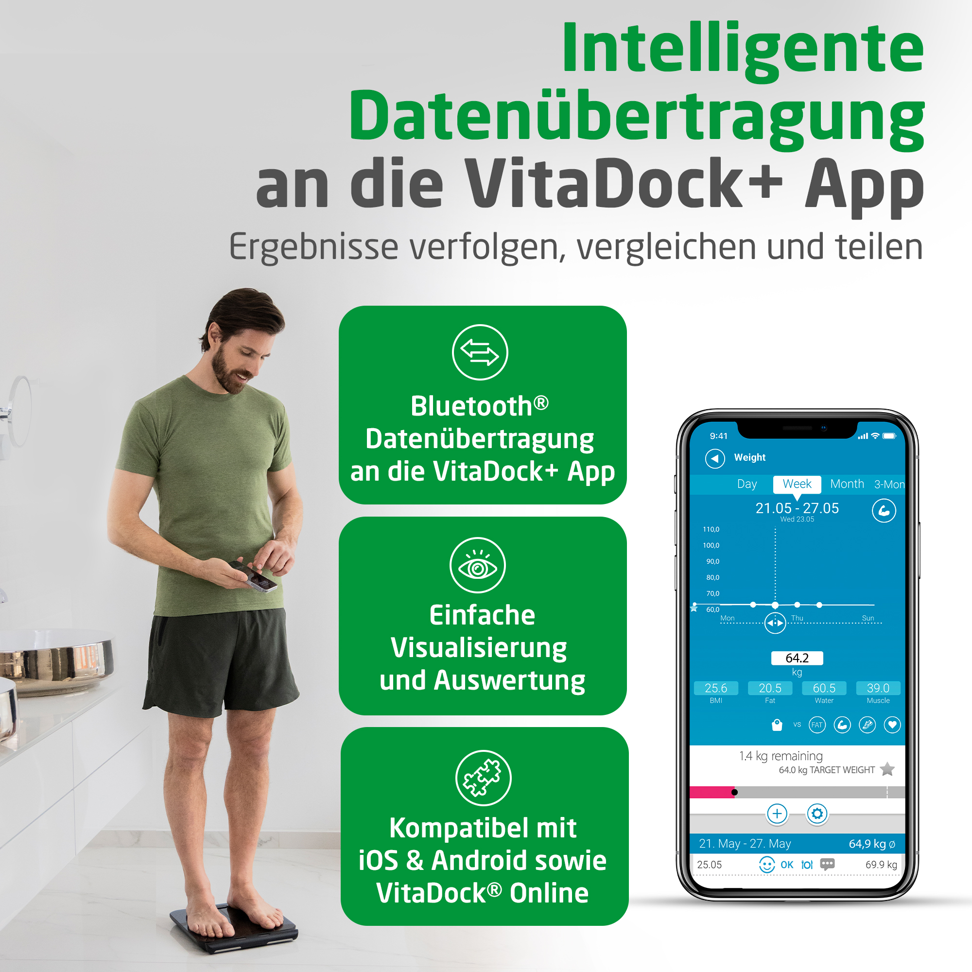 Mężczyzna na wadze ze smartfonem, wyjaśnienie funkcji aplikacji VitaDock.
