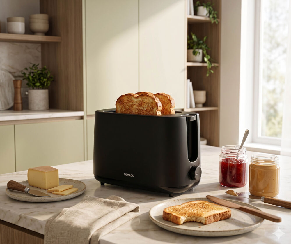 A black toaster with toast, jam, peanut butter, and cheese on a kitchen counter.