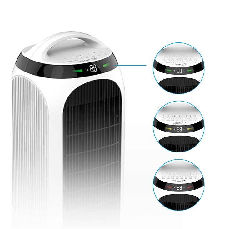 Un purificatore d'aria bianco con griglia di ventilazione nera e display dettagliati.