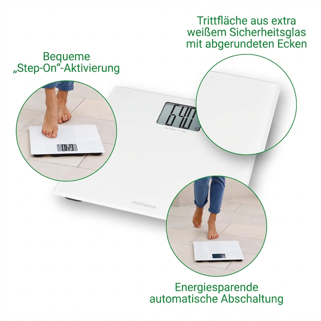 Báscula personal blanca con pantallas digitales y recortes que muestran funciones.
